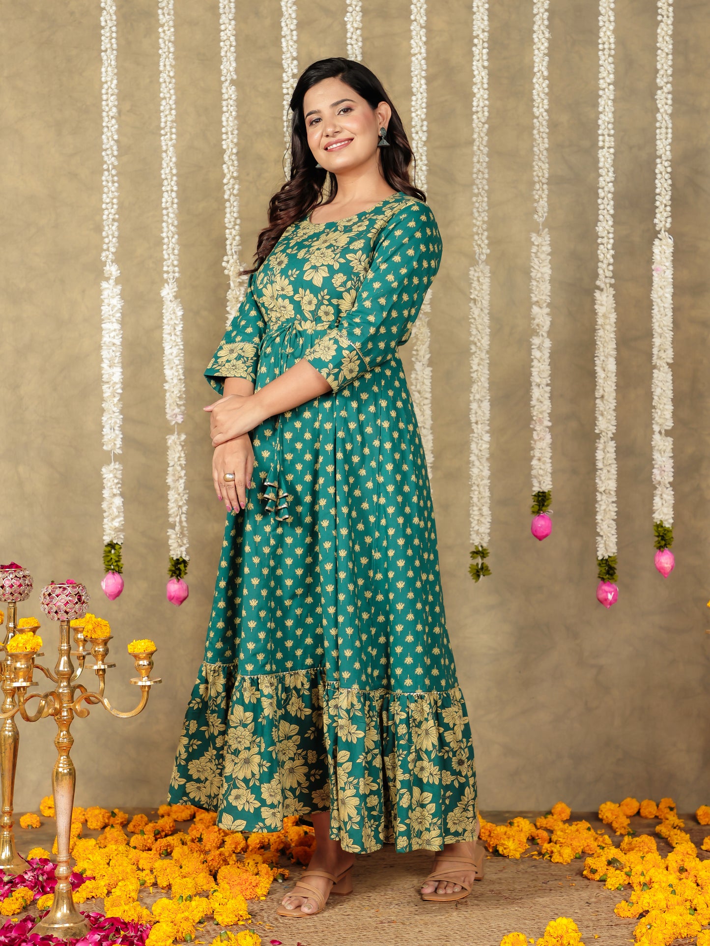 Embroidered Soft Cotton Floral Anarkali Green