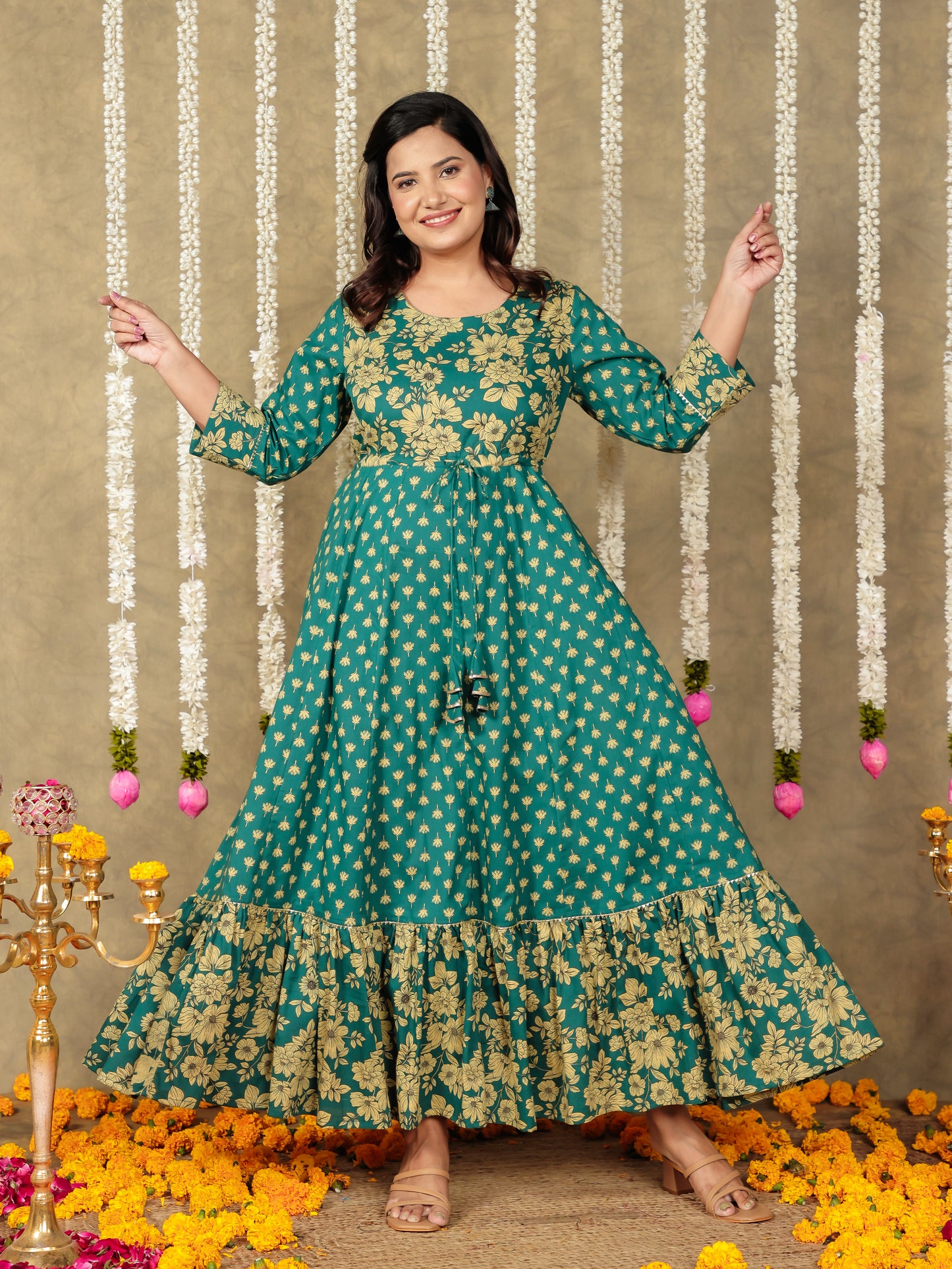 Embroidered Soft Cotton Floral Anarkali Green