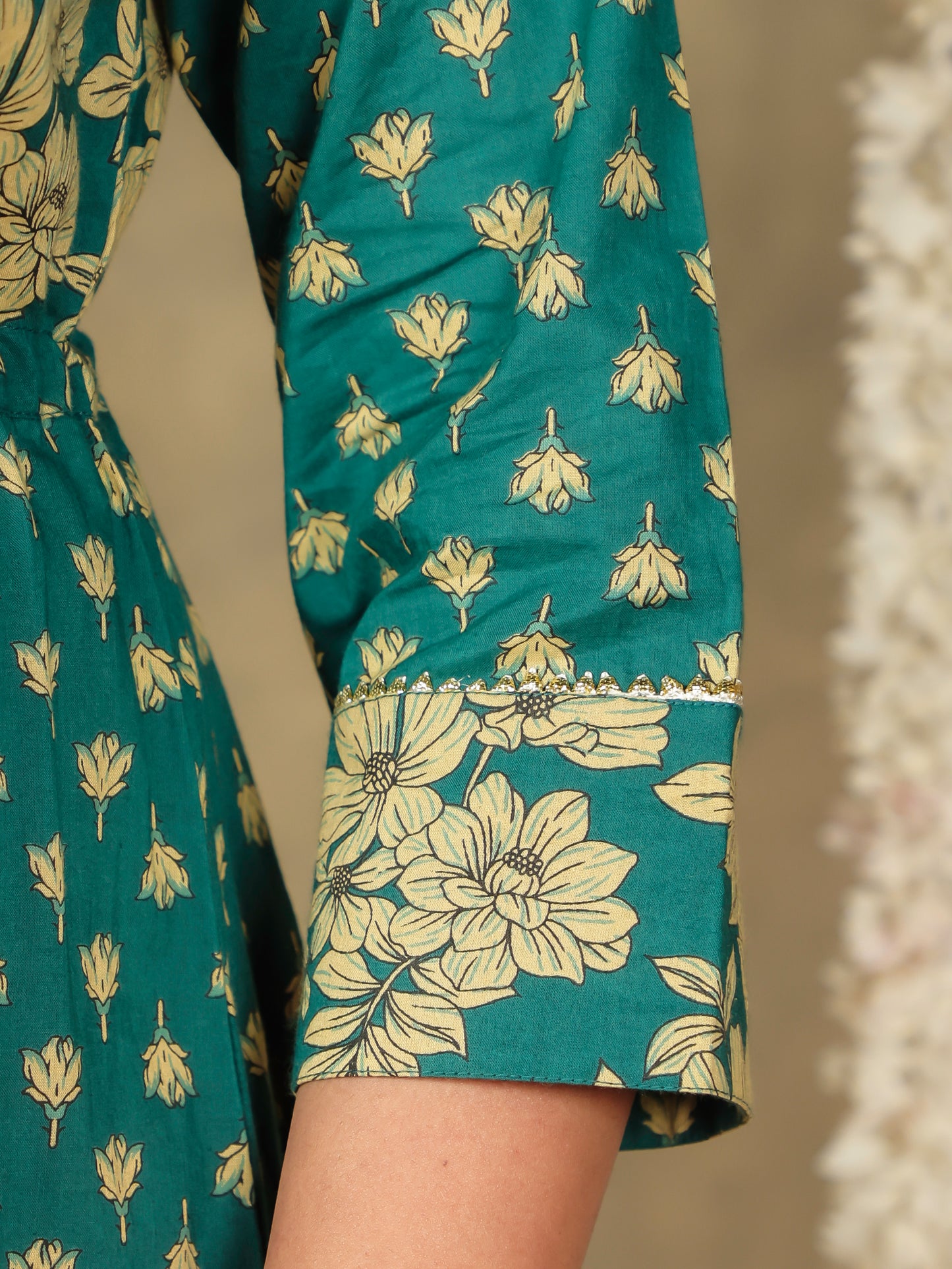 Embroidered Soft Cotton Floral Anarkali Green