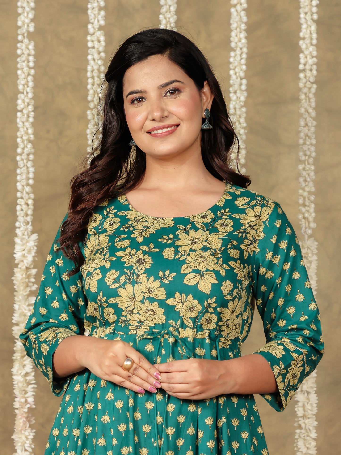 Embroidered Soft Cotton Floral Anarkali Green