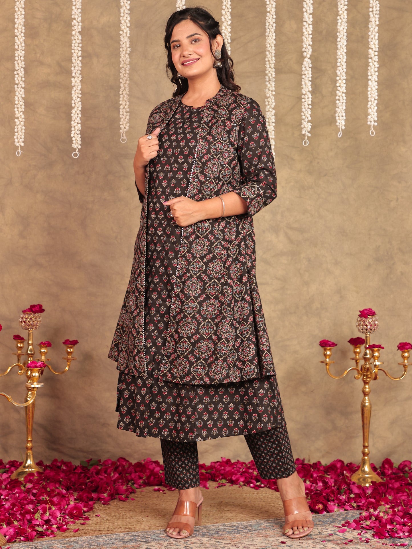 Soft Cotton Ajrakh A-line Black Shrug