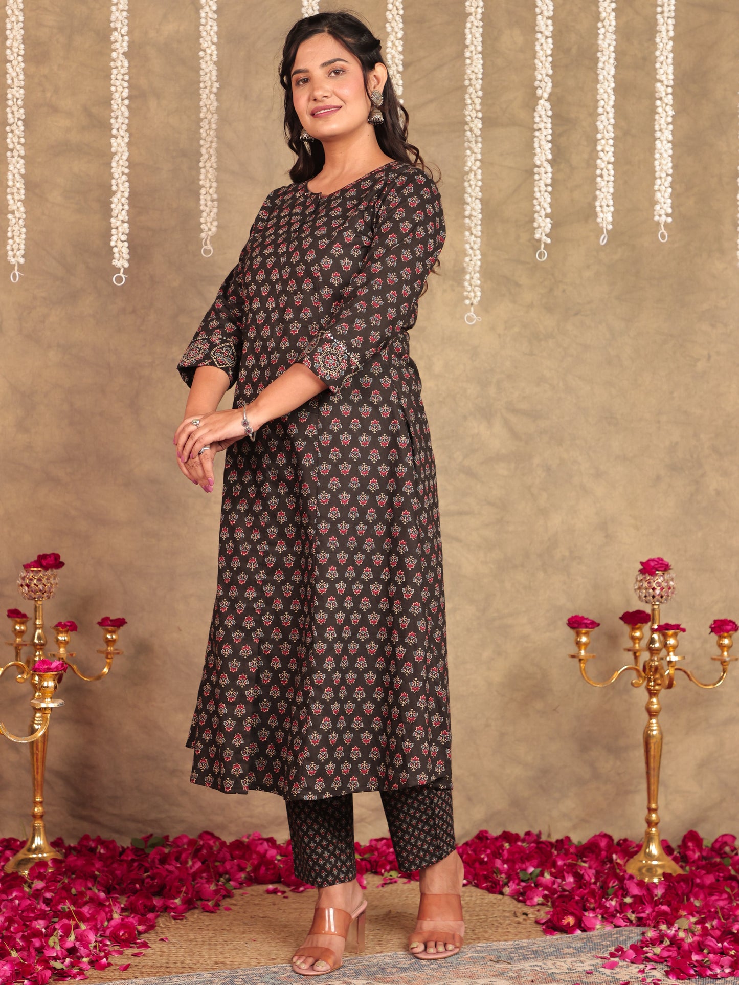 Embroidered Soft Cotton Ajrakh Flared Black Kurta