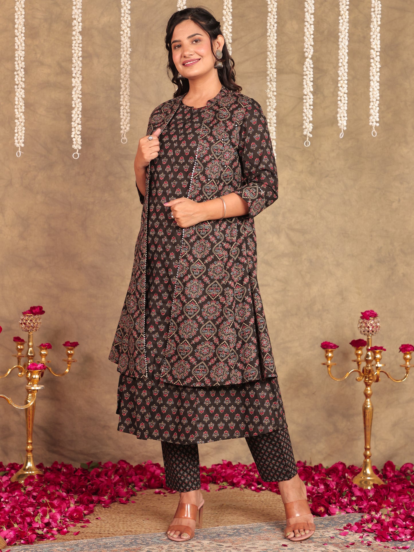 Embroidered Soft Cotton Ajrakh Flared Black Kurta