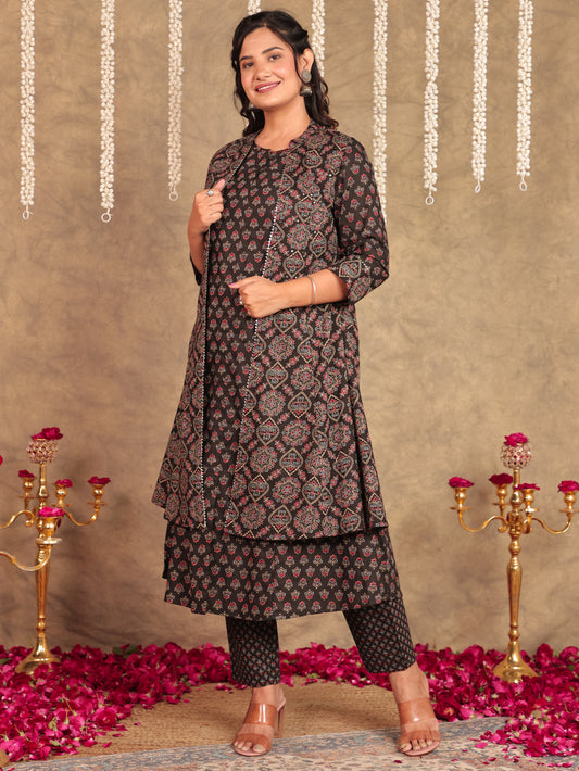 Embroidered Soft Cotton Ajrakh Flared Black Kurta