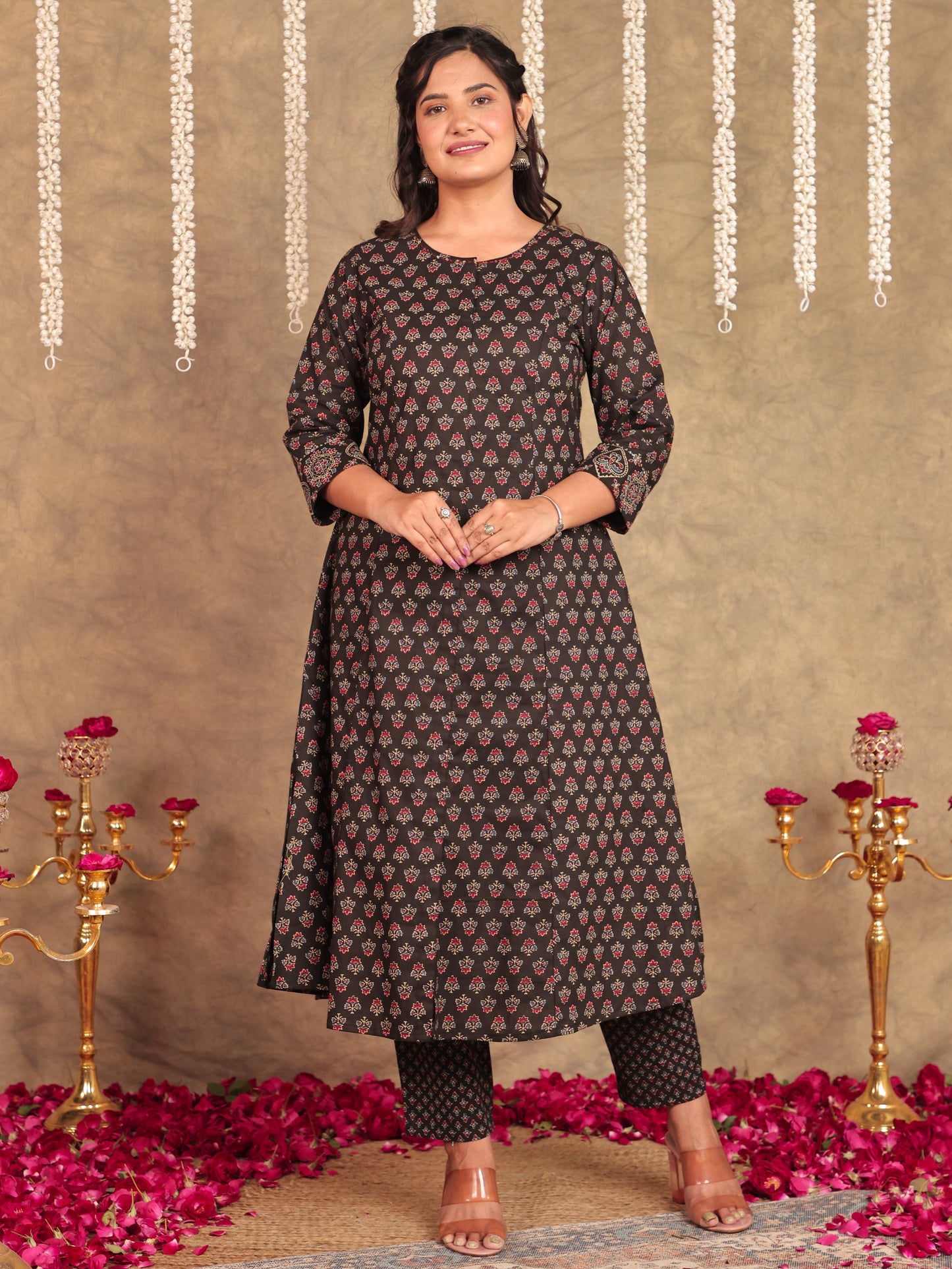 Embroidered Soft Cotton Ajrakh Flared Black Kurta