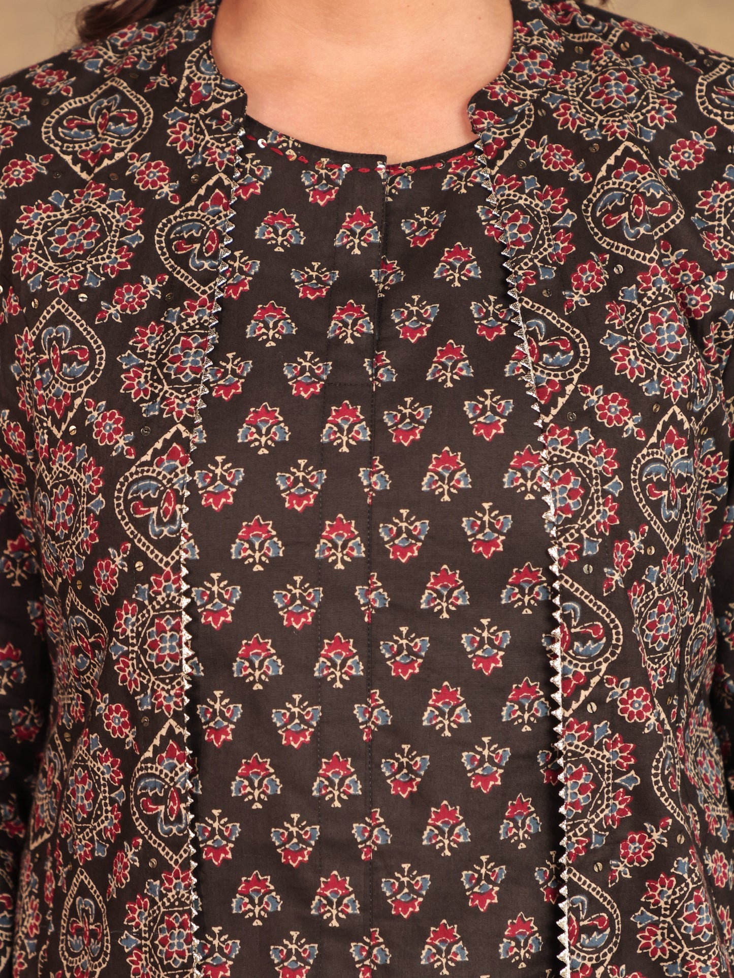 Embroidered Soft Cotton Ajrakh Flared Black Kurta