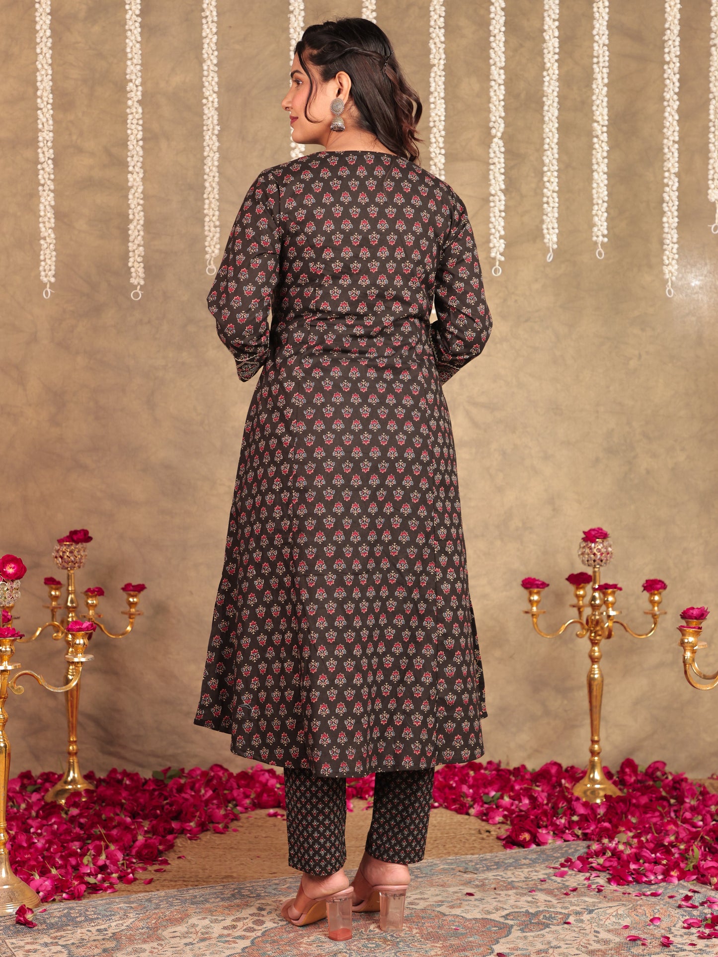 Embroidered Soft Cotton Ajrakh Flared Black Kurta