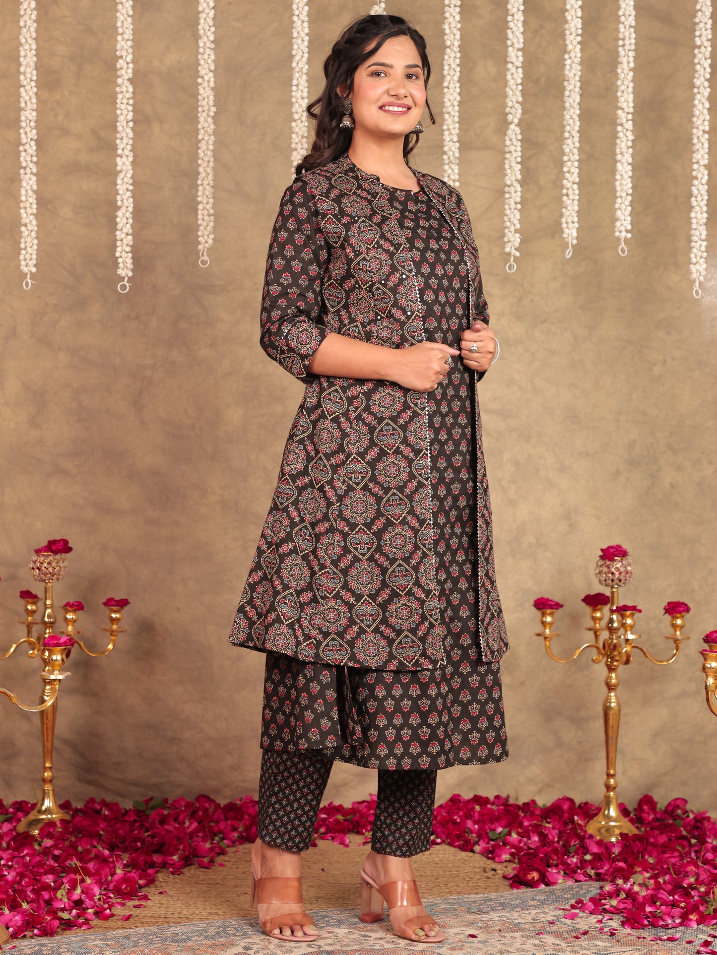 Embroidered Soft Cotton Ajrakh Flared Black Kurta