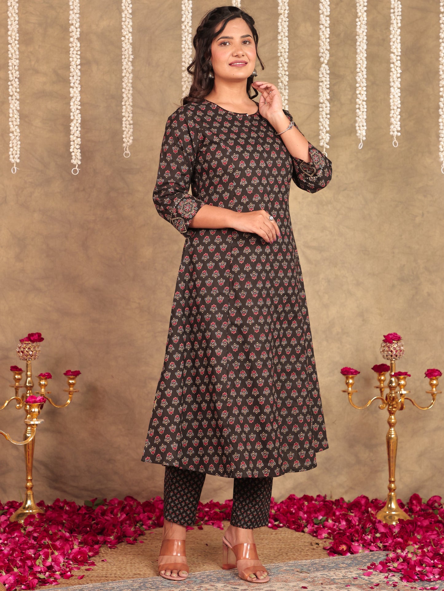 Embroidered Soft Cotton Ajrakh Flared Black Kurta