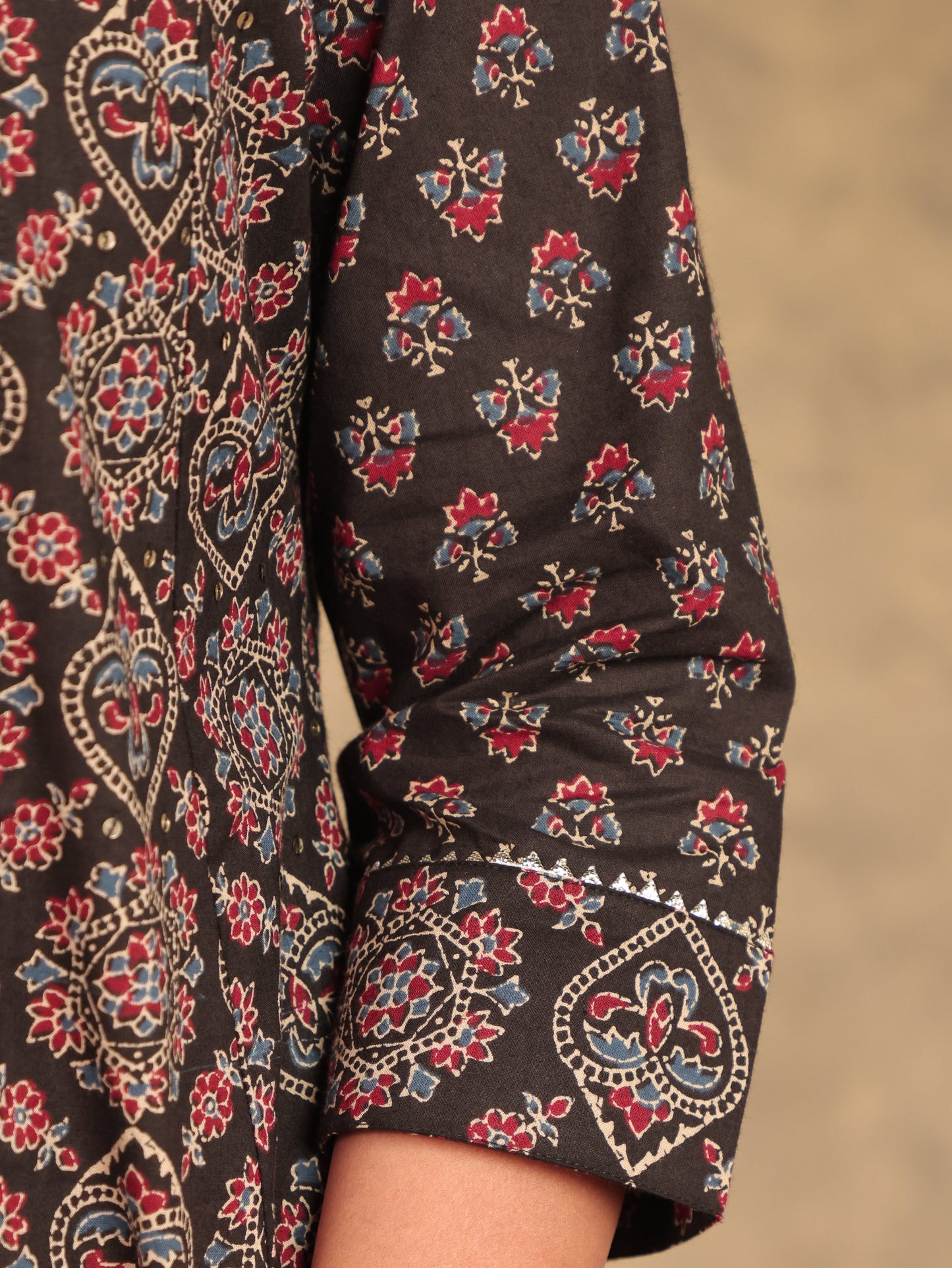 Embroidered Soft Cotton Ajrakh Flared Black Kurta