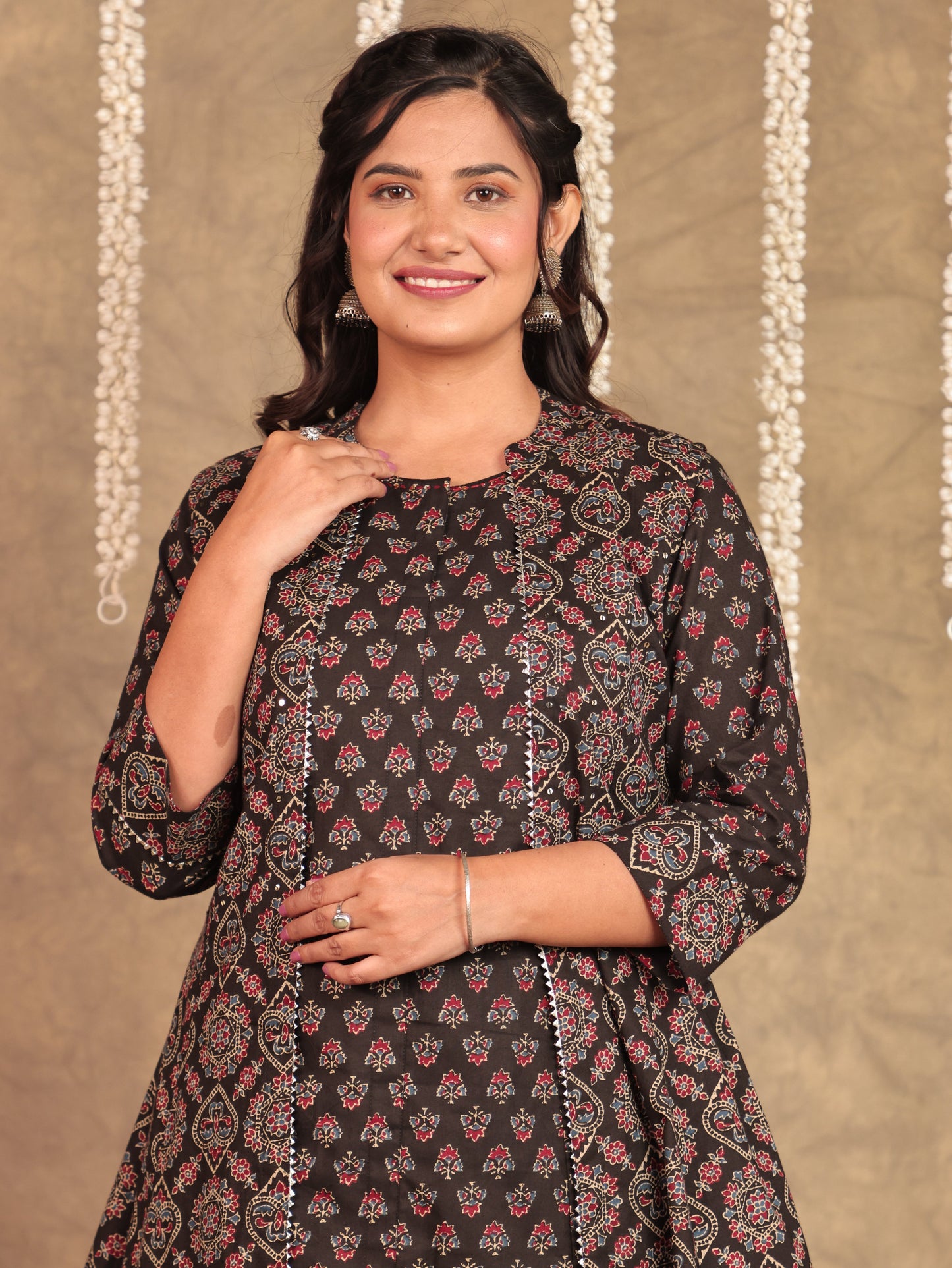Embroidered Soft Cotton Ajrakh Flared Black Kurta