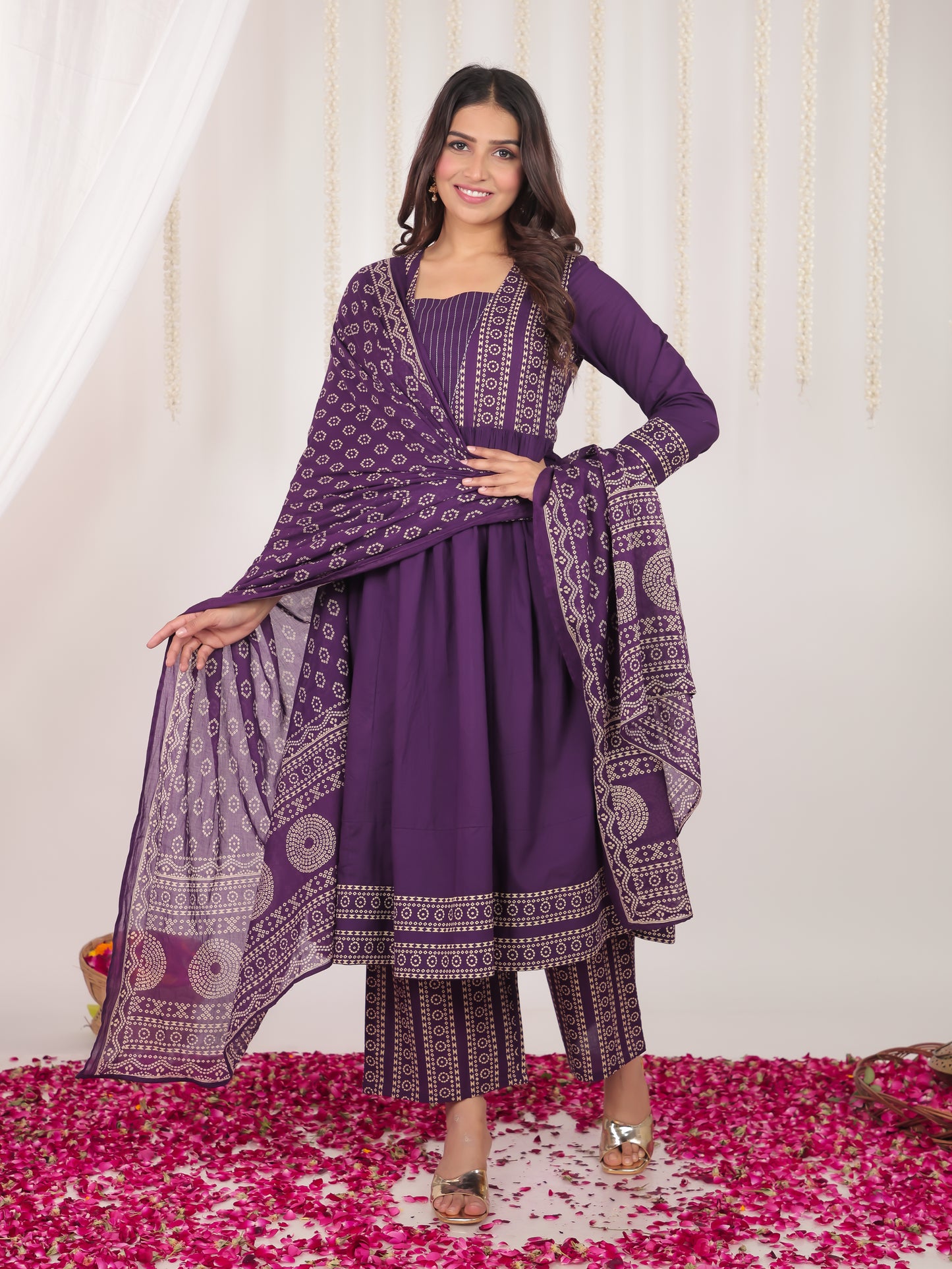 Soft Cotton Bandhani Anarkali Purple Kurta