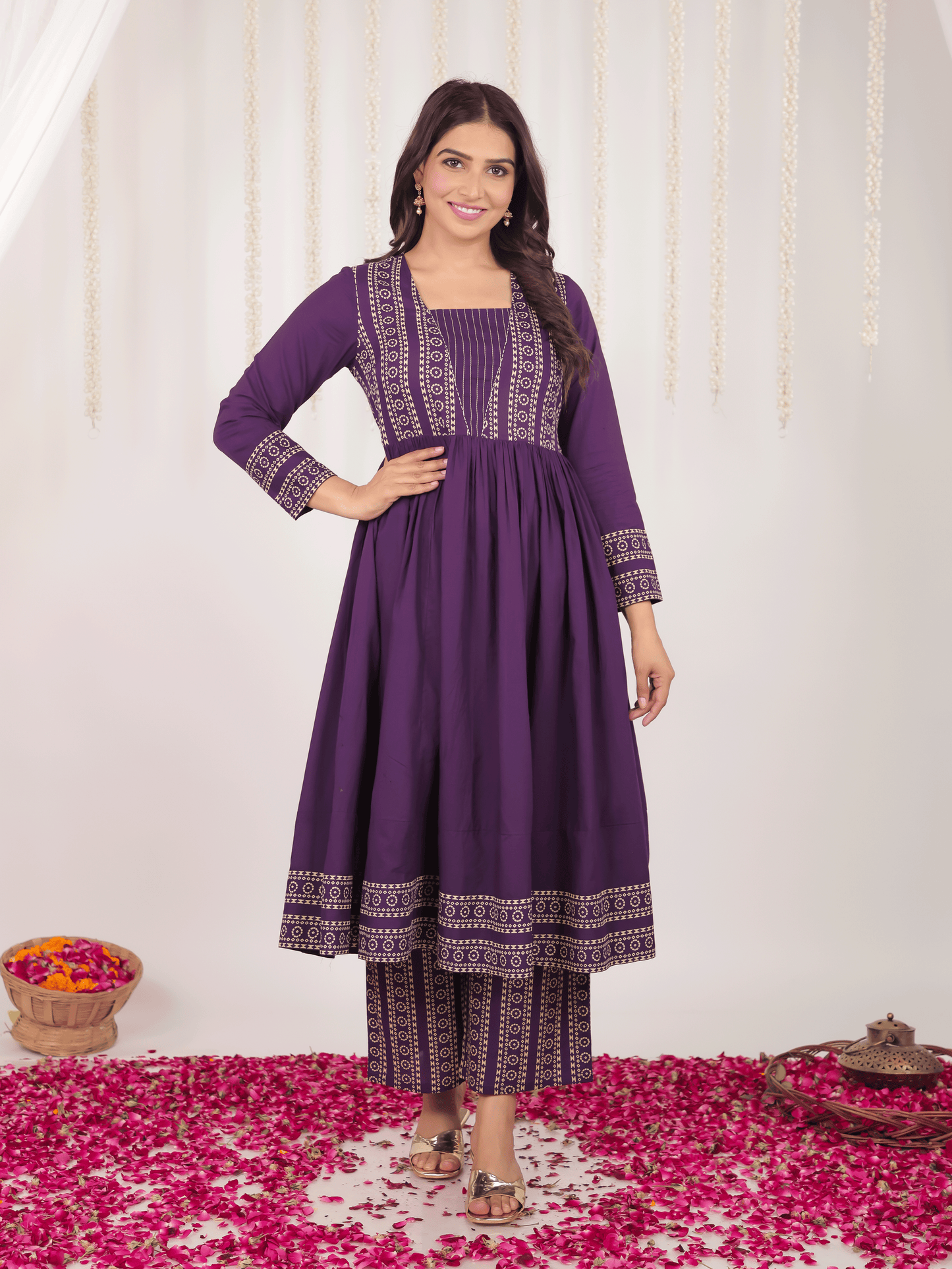 Soft Cotton Bandhani Anarkali Purple Kurta