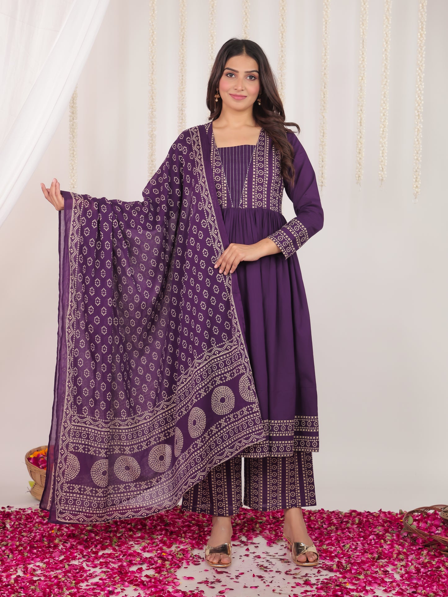 Soft Cotton Bandhani Anarkali Purple Kurta