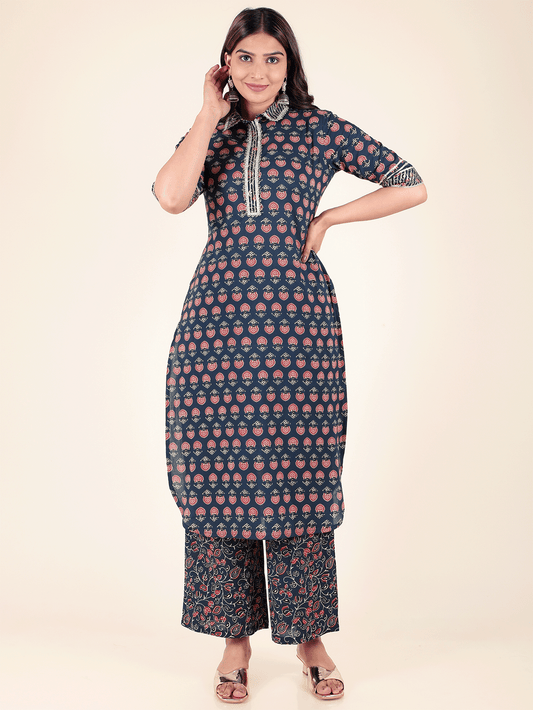Soft Cotton Floral Pathani Blue Kurta