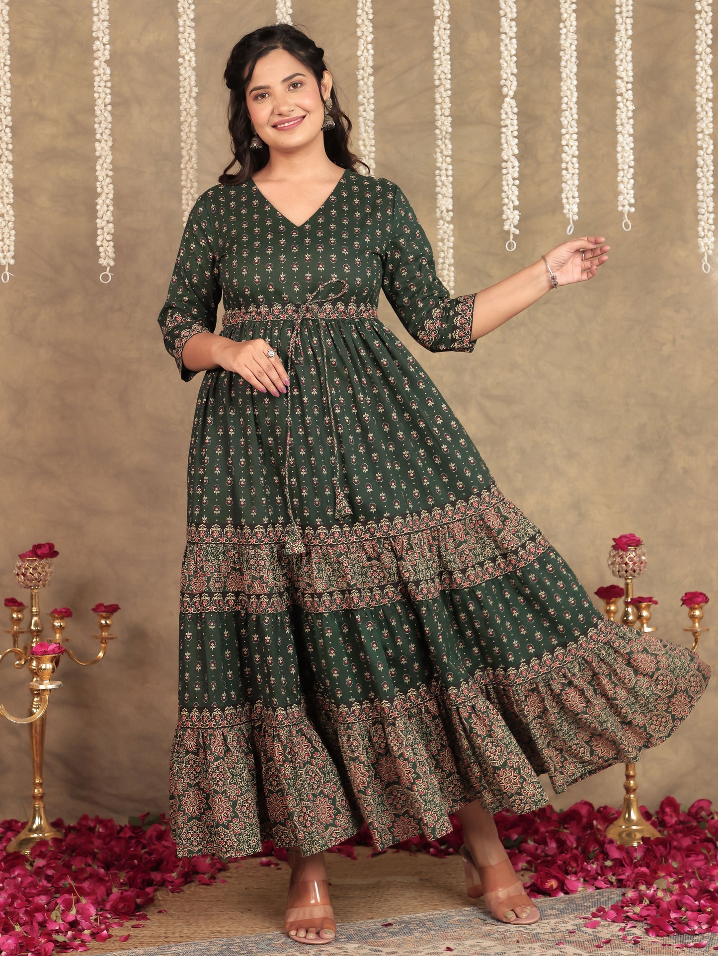 Soft Cotton Block Print A-line Green Dress