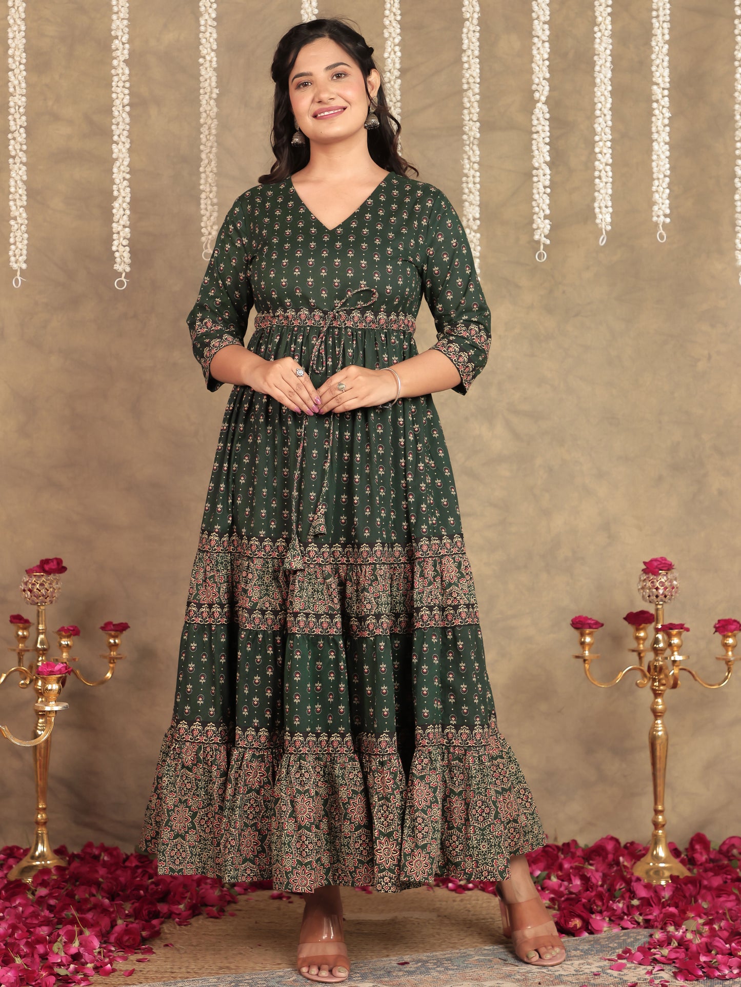 Soft Cotton Block Print A-line Green Dress