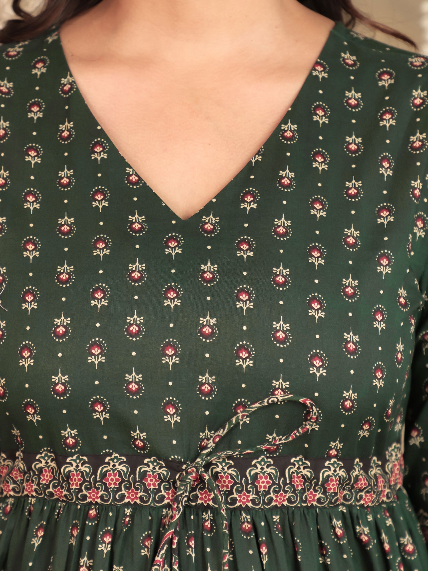 Soft Cotton Block Print A-line Green Dress