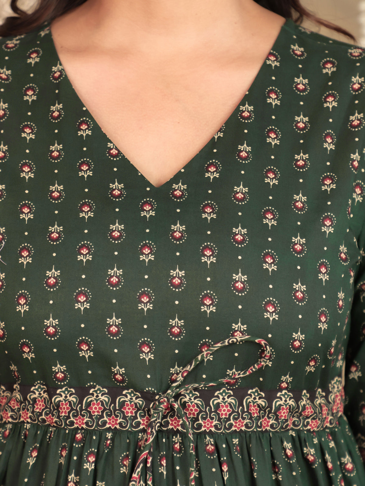 Soft Cotton Block Print A-line Green Dress