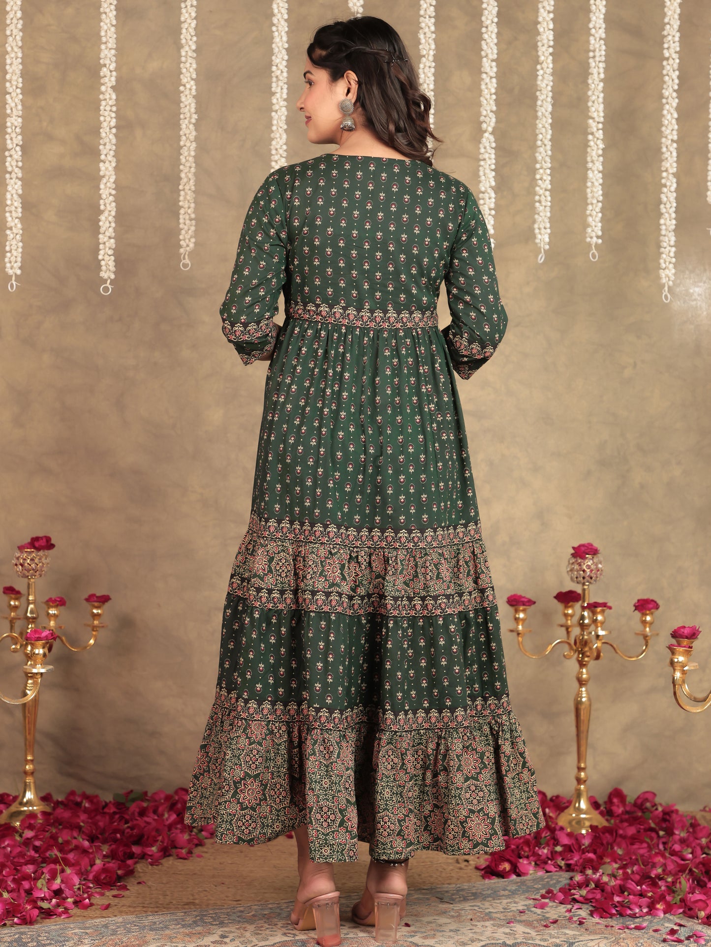 Soft Cotton Block Print A-line Green Dress