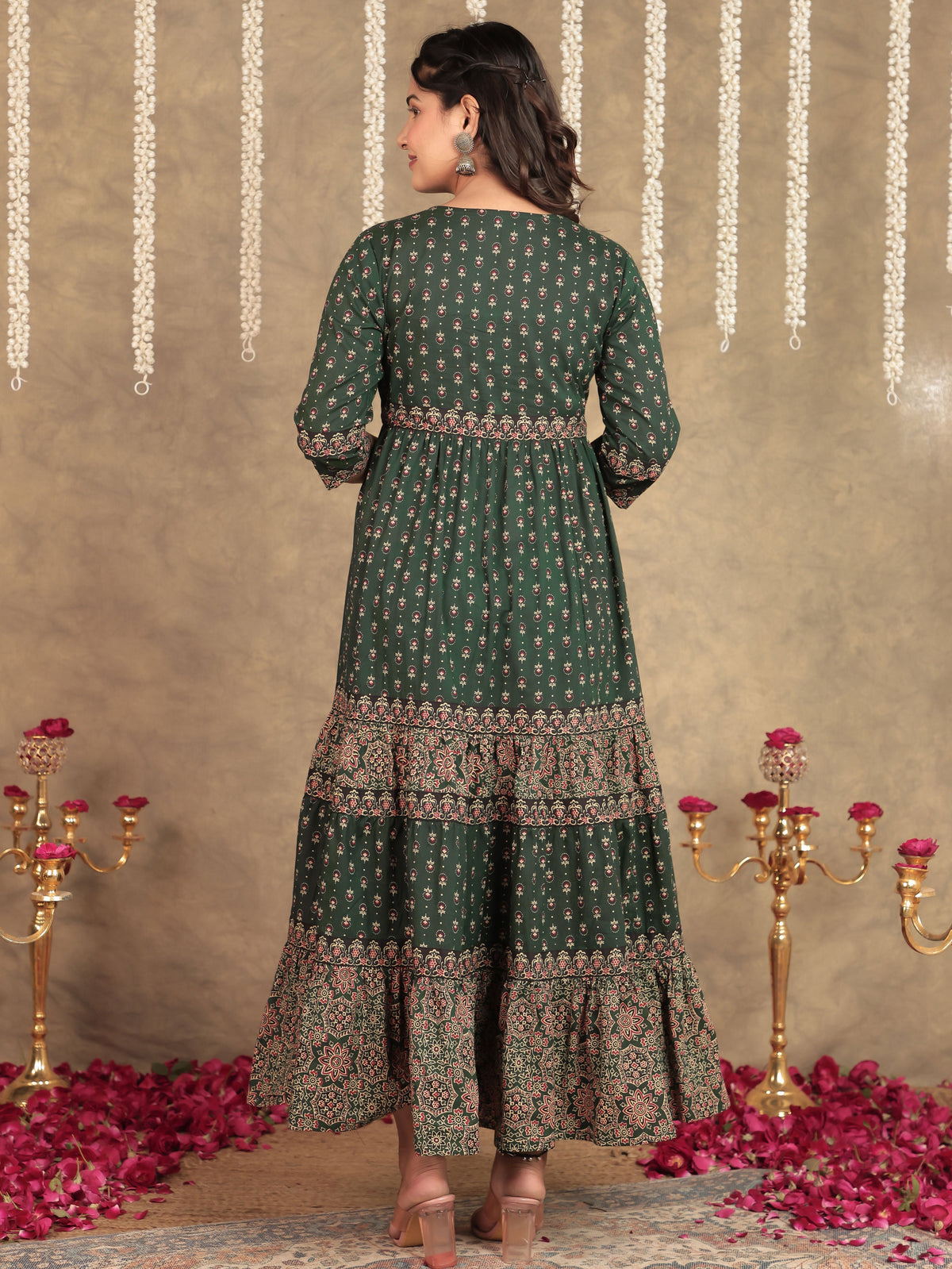 Soft Cotton Block Print A-line Green Dress