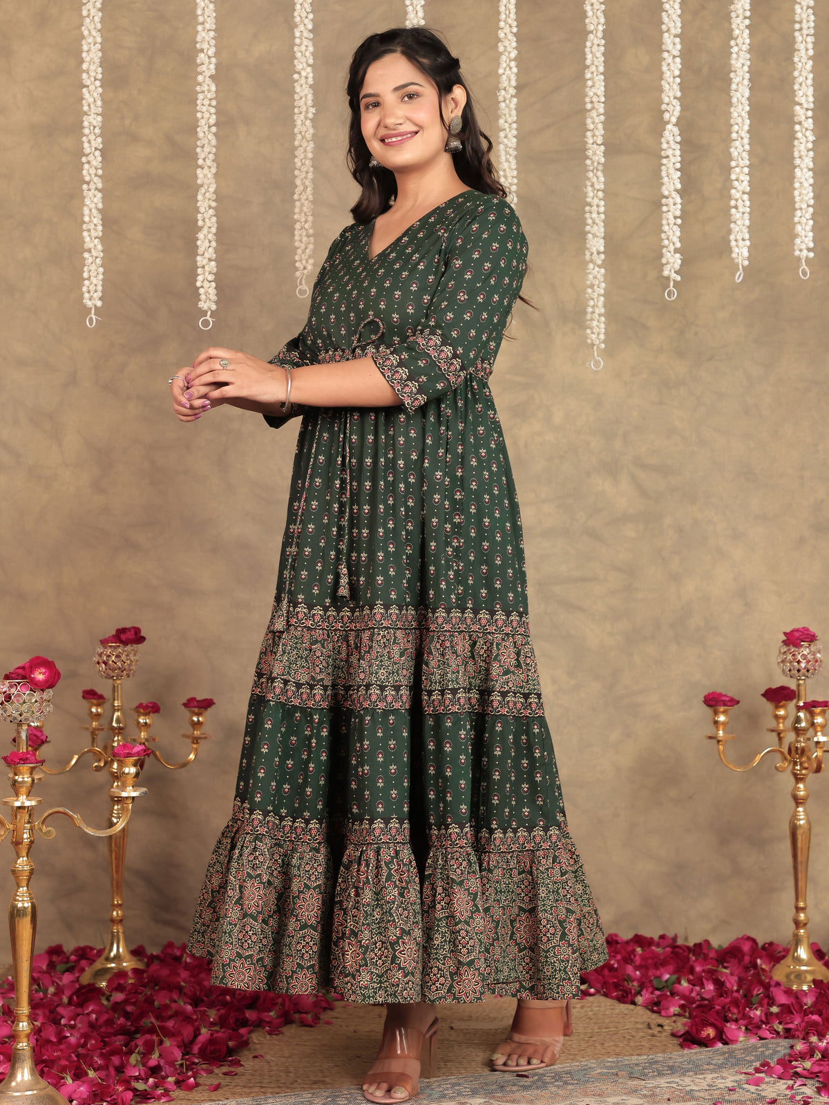 Soft Cotton Block Print A-line Green Dress