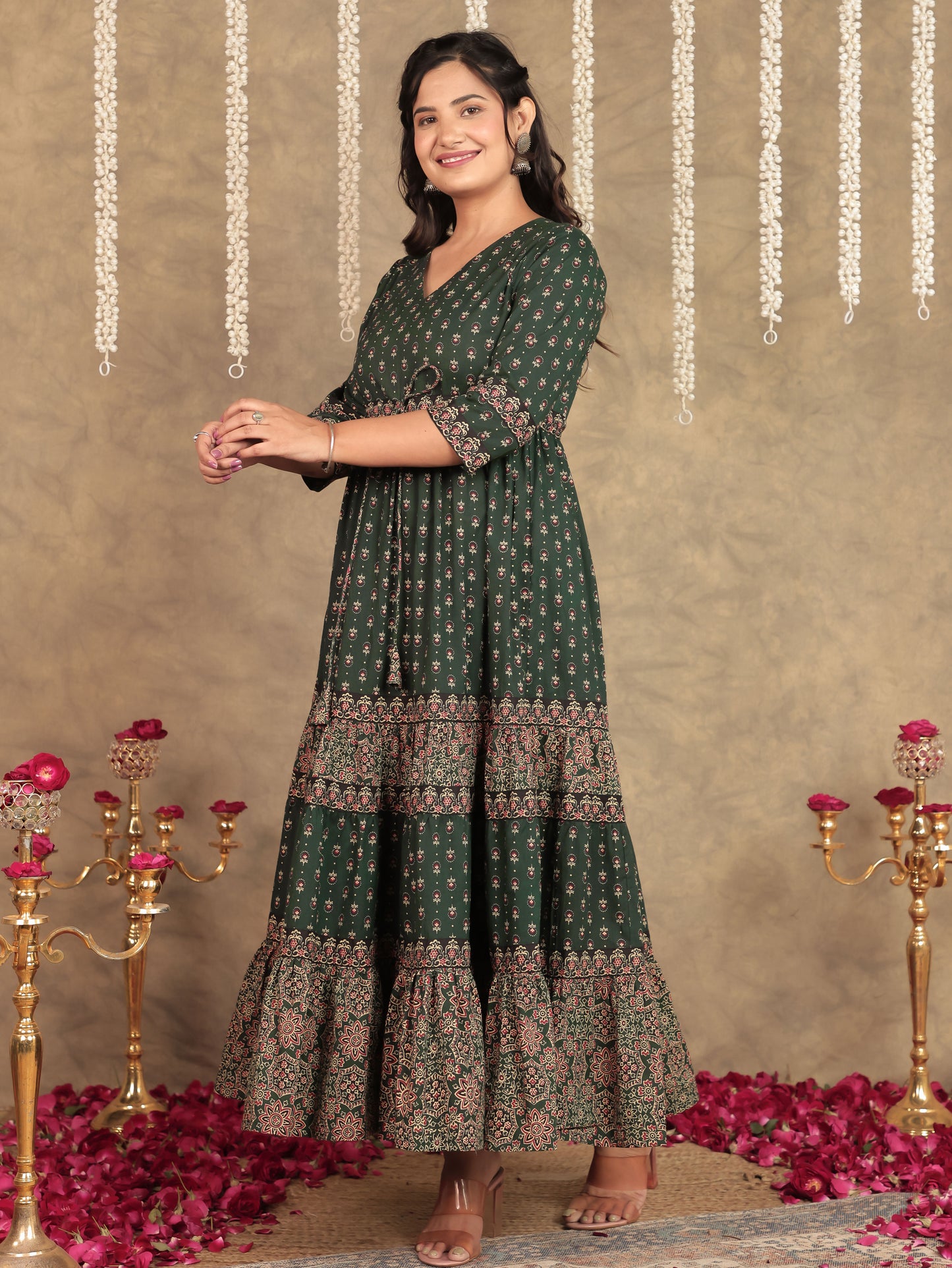 Soft Cotton Block Print A-line Green Dress