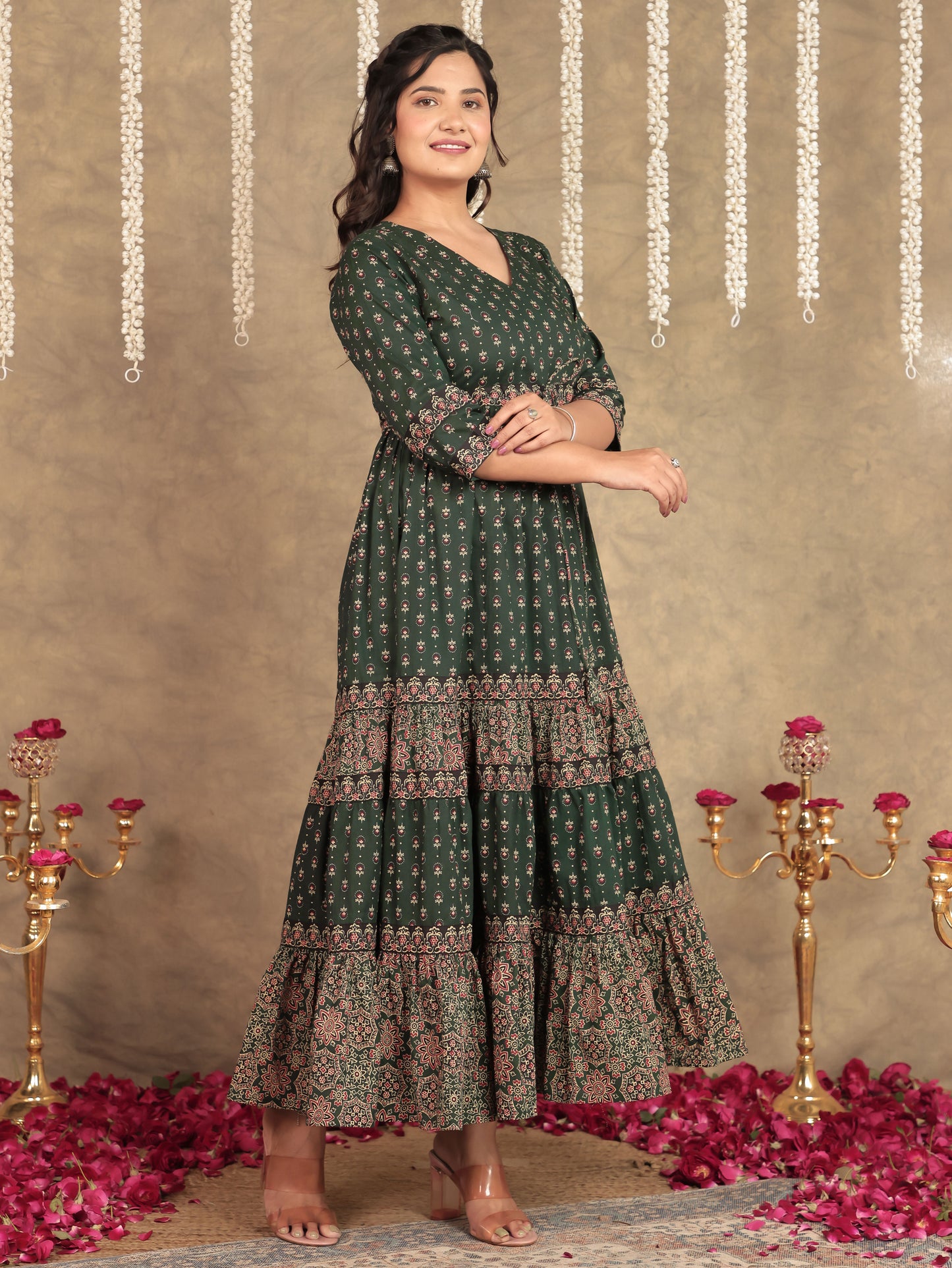 Soft Cotton Block Print A-line Green Dress