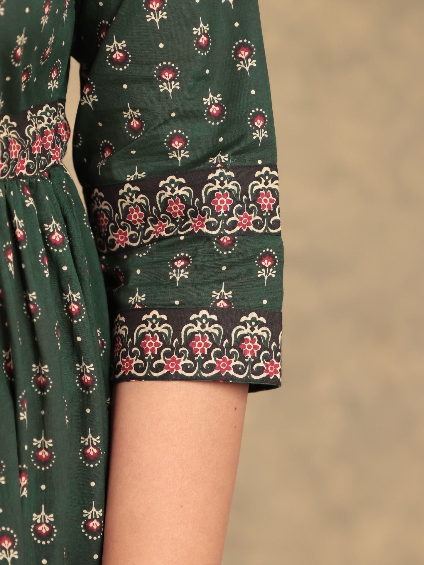 Soft Cotton Block Print A-line Green Dress