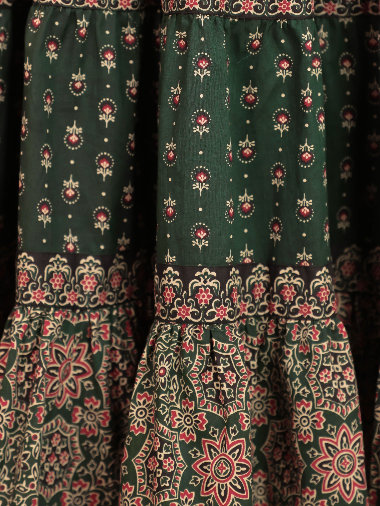 Soft Cotton Block Print A-line Green Dress