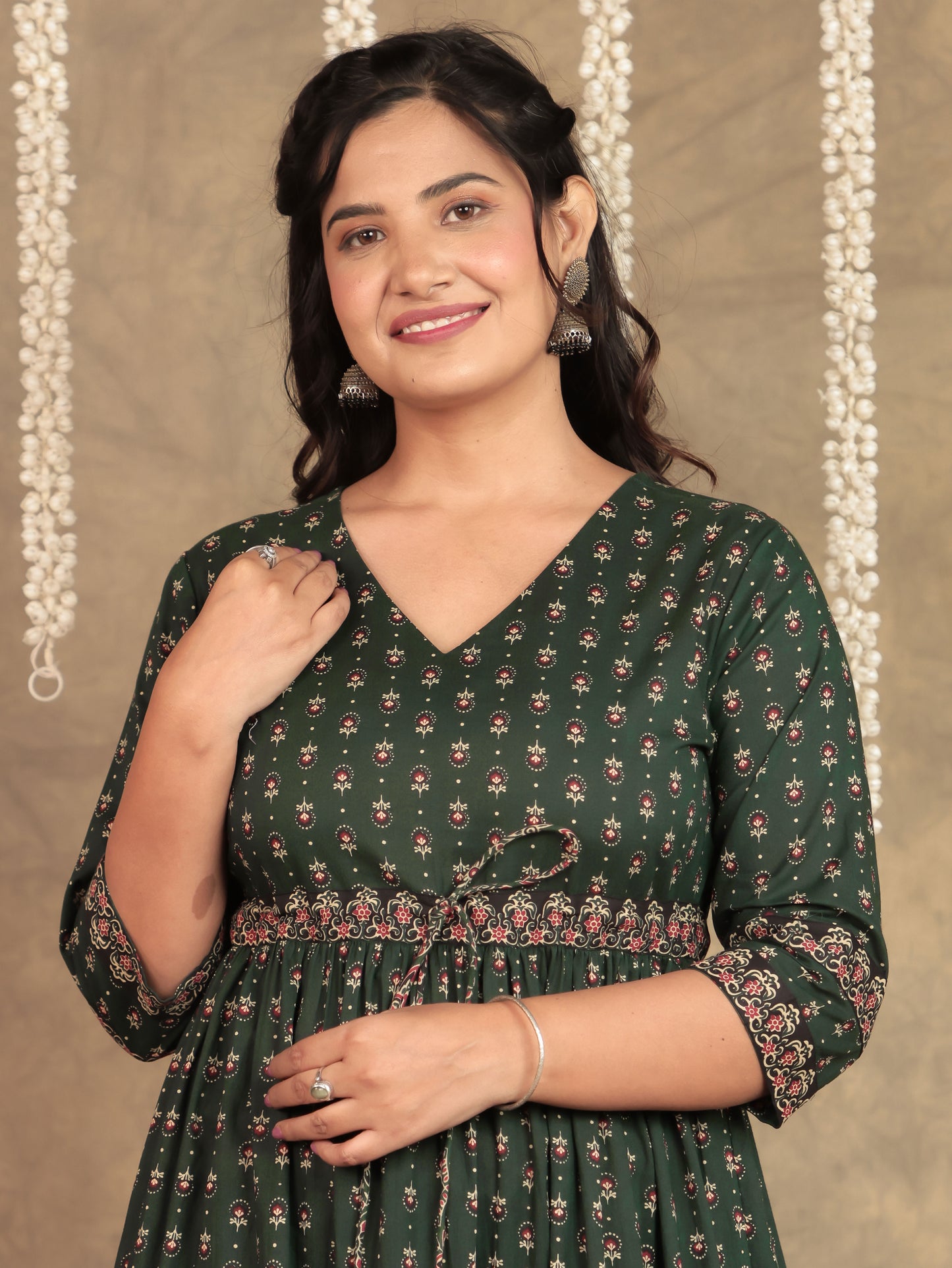Soft Cotton Block Print A-line Green Dress