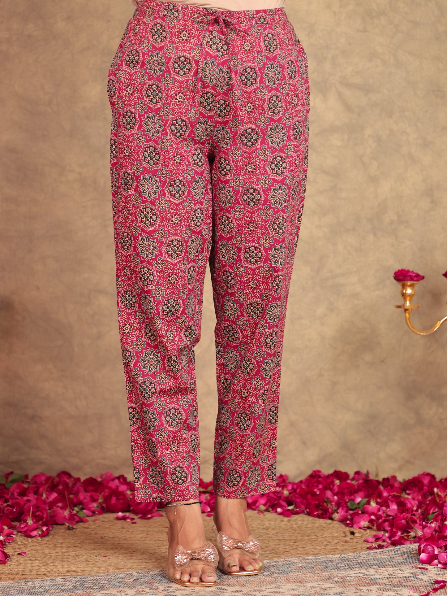 Soft Cotton Geometric Pink Tapered Trousers