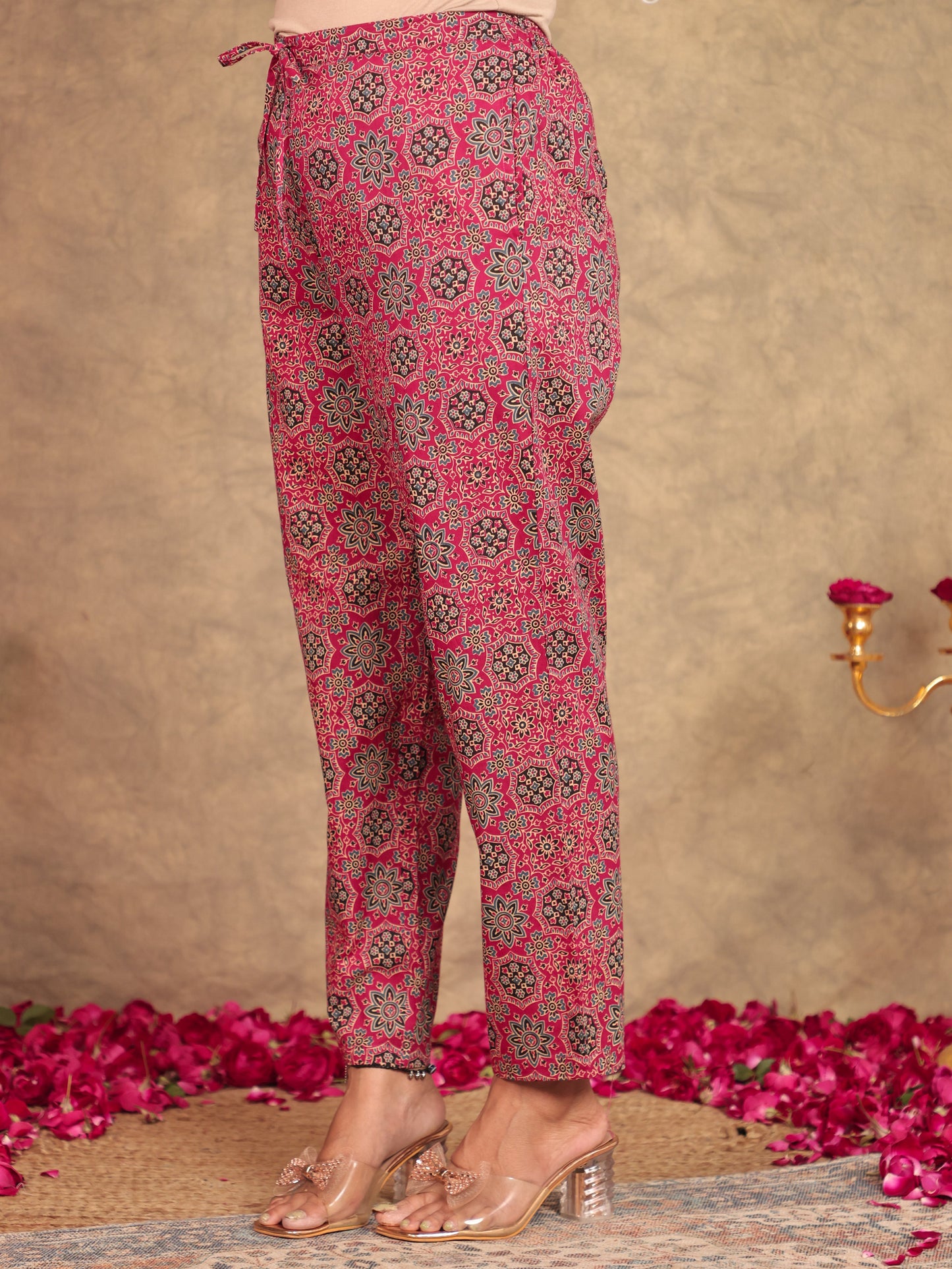 Soft Cotton Geometric Pink Tapered Trousers