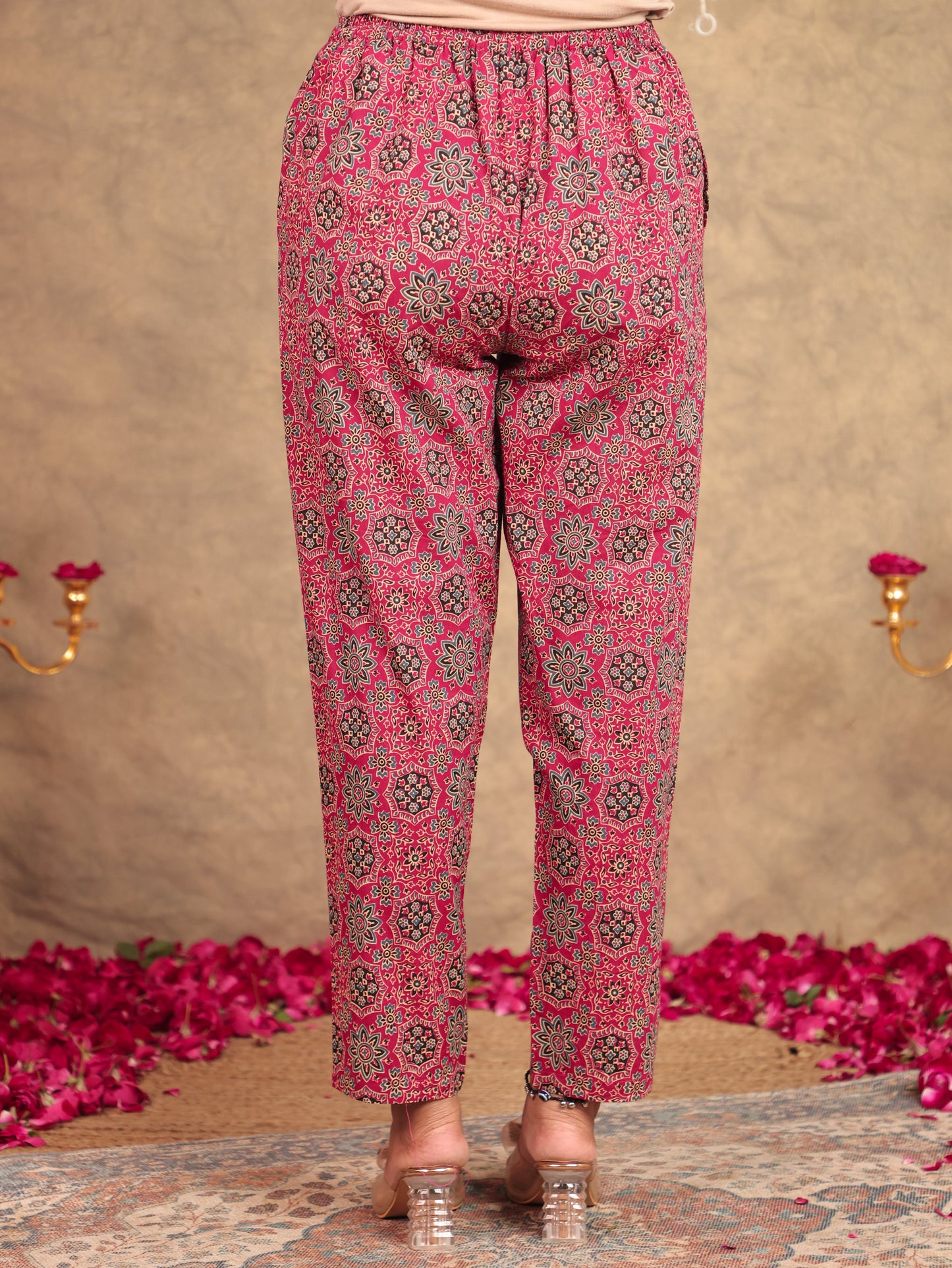 Soft Cotton Geometric Pink Tapered Trousers