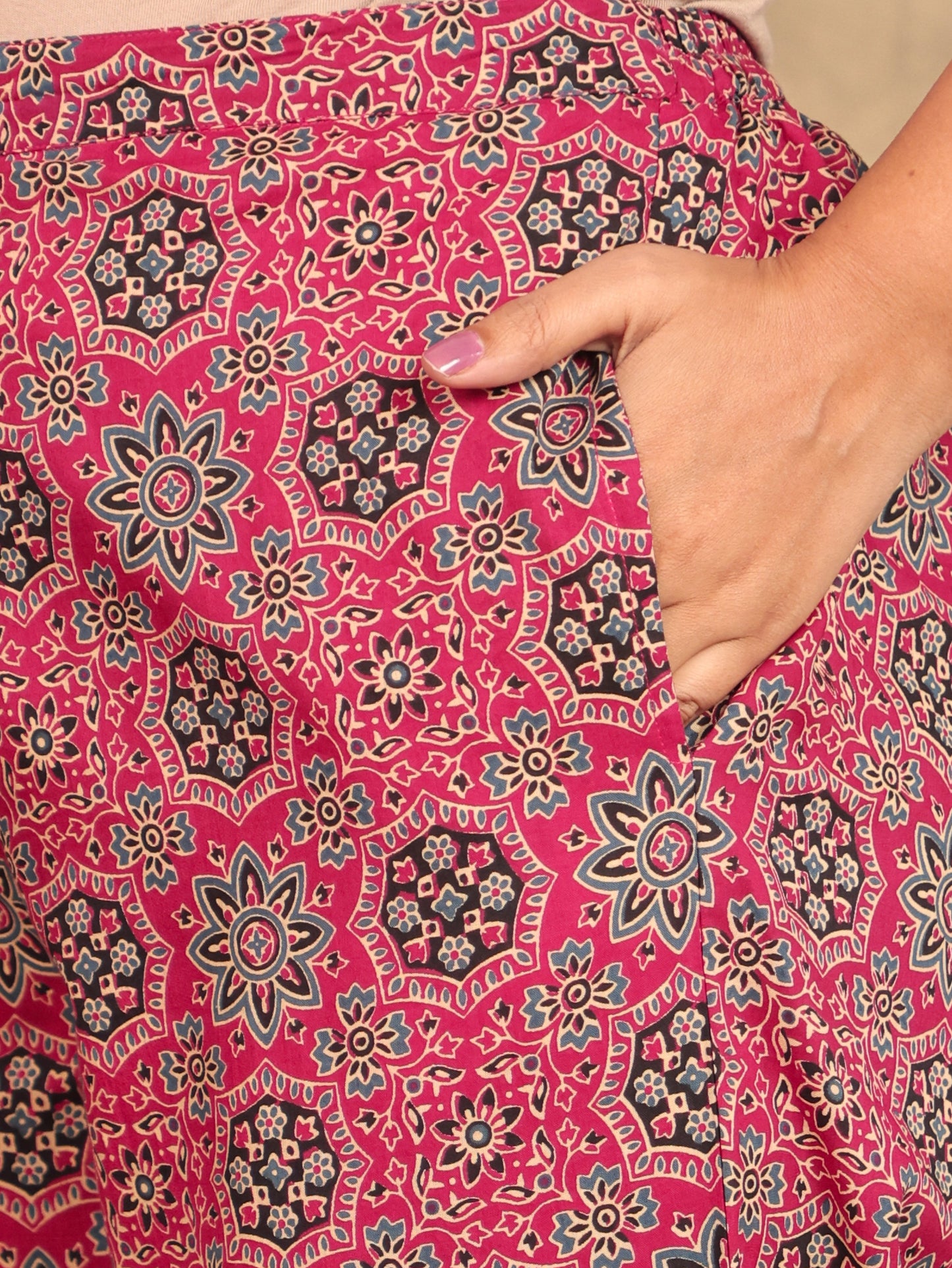 Soft Cotton Geometric Pink Tapered Trousers