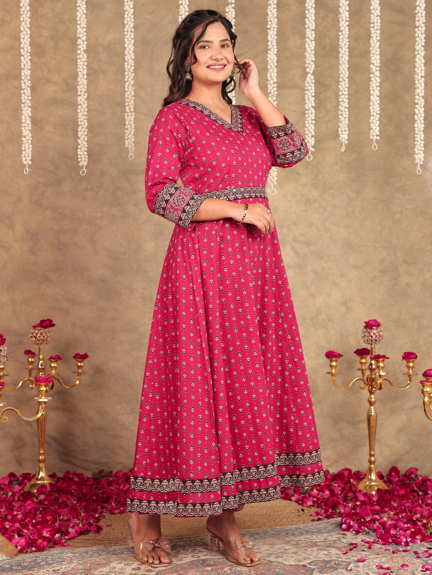 Soft Cotton Butti Anarkali Pink Kurta