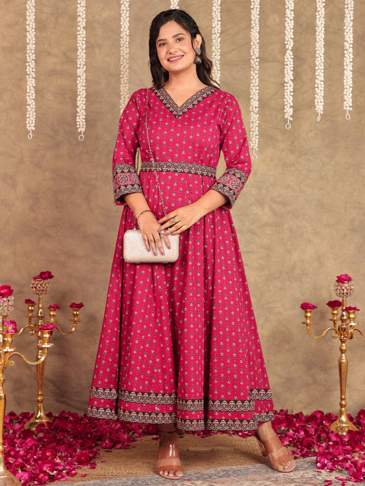 Soft Cotton Butti Anarkali Pink Kurta