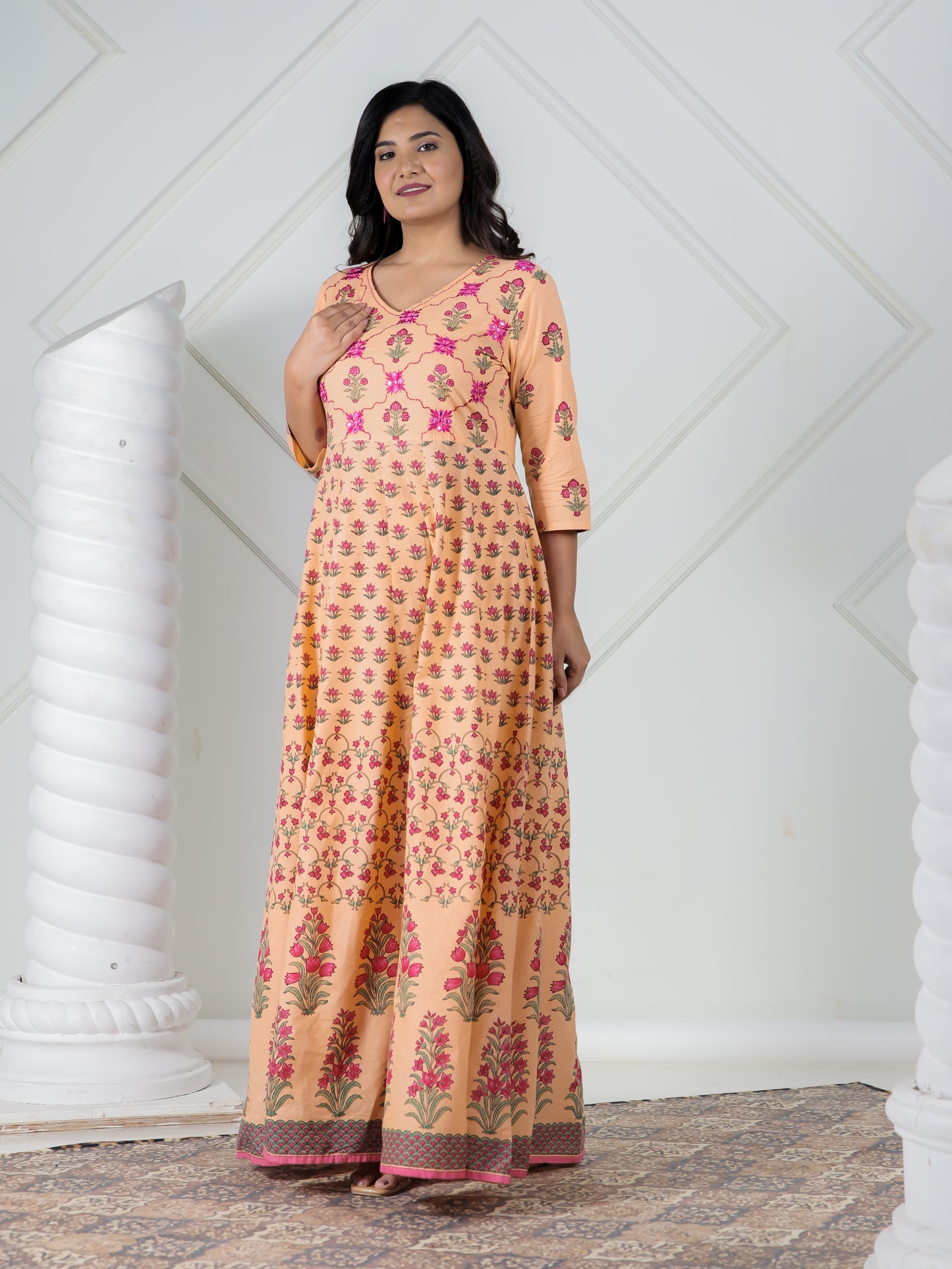 Embroidered Soft Cotton Floral A-line Peach Kurta