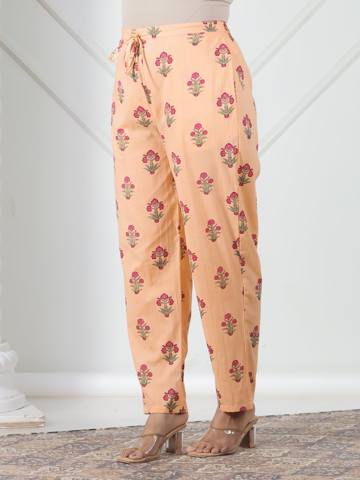 Embroidered Soft Cotton Floral A-line Peach Kurta