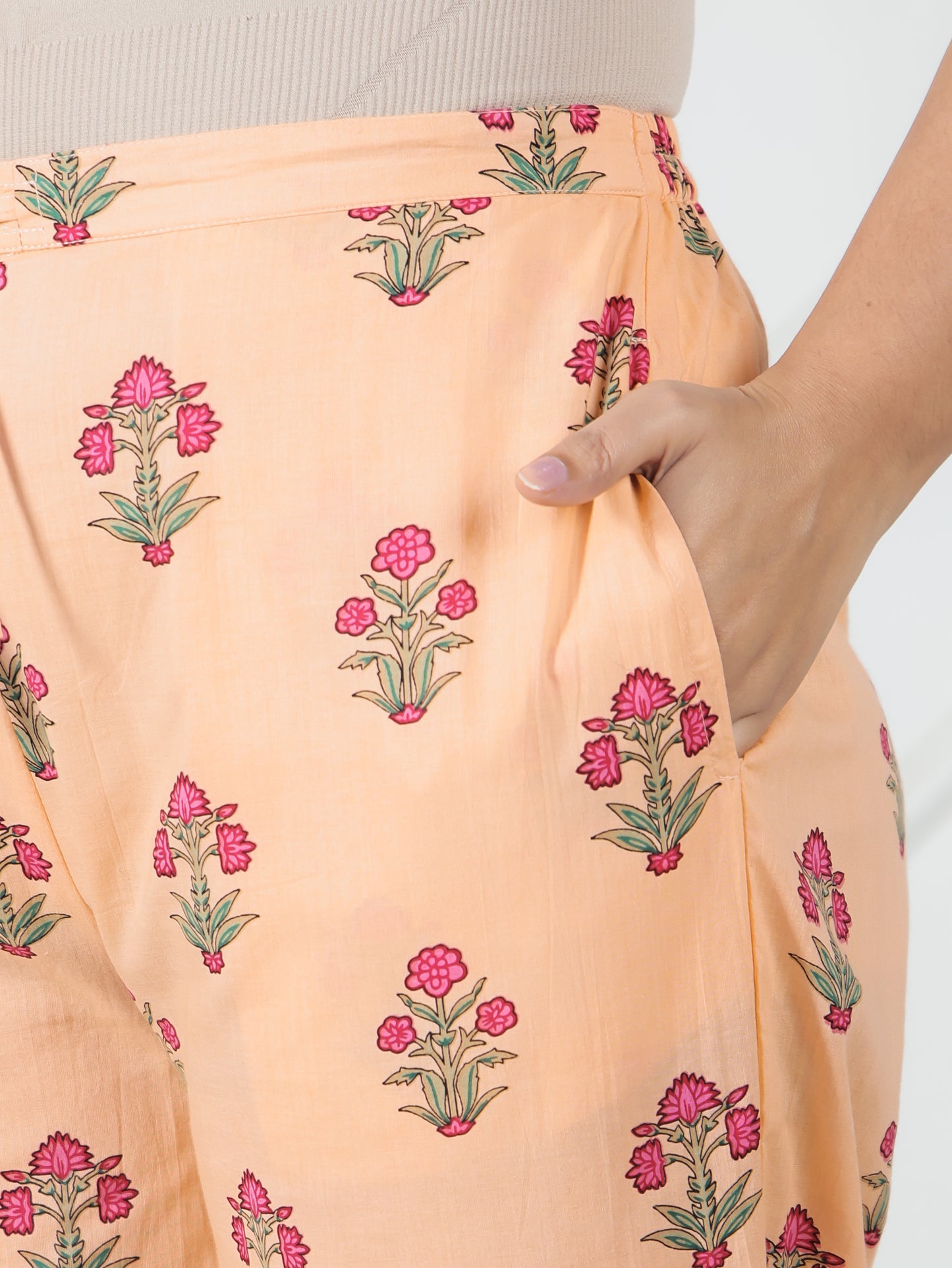 Embroidered Soft Cotton Floral A-line Peach Kurta