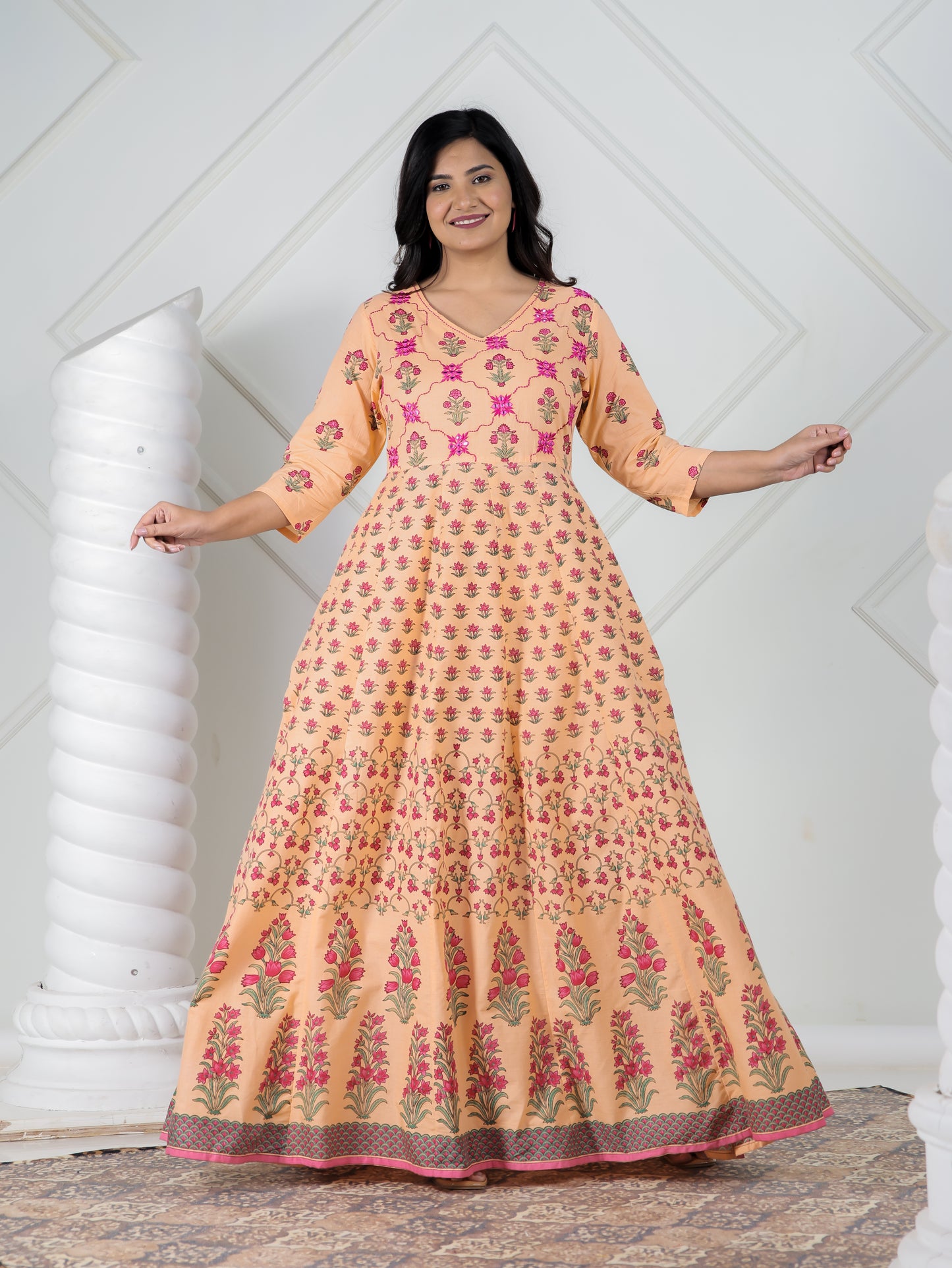 Embroidered Soft Cotton Floral A-line Peach Kurta