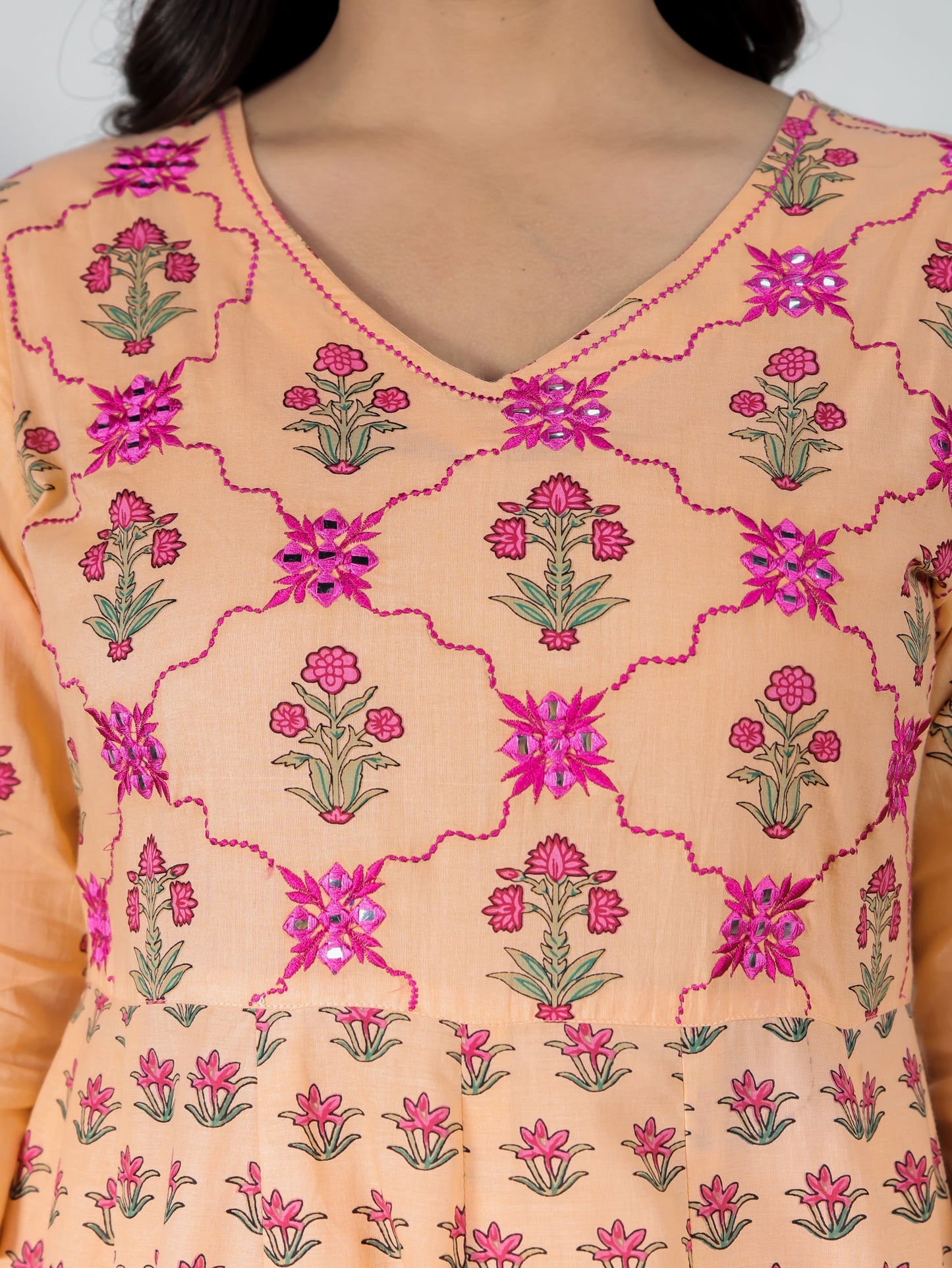 Embroidered Soft Cotton Floral A-line Peach Kurta