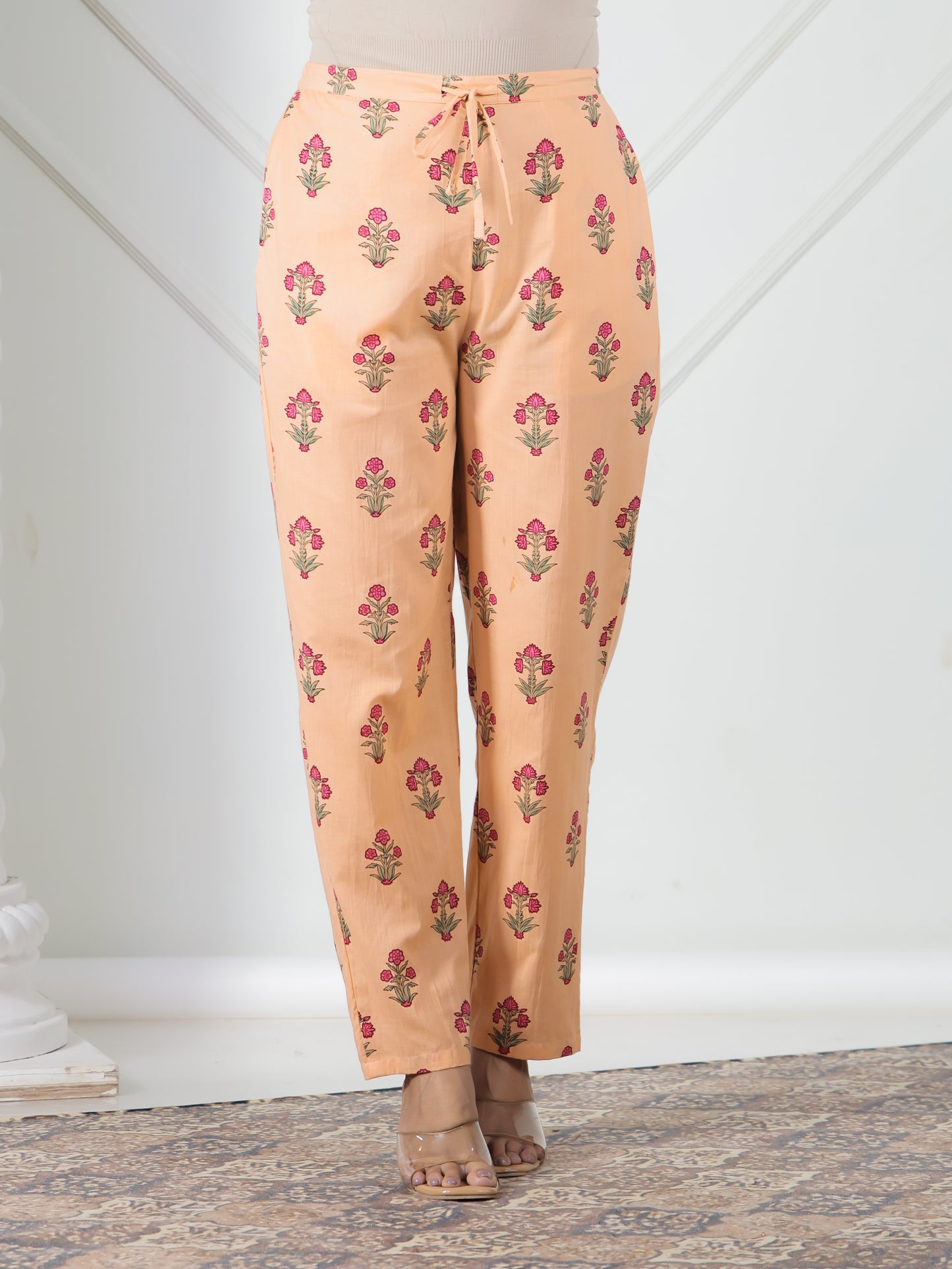 Embroidered Soft Cotton Floral A-line Peach Kurta
