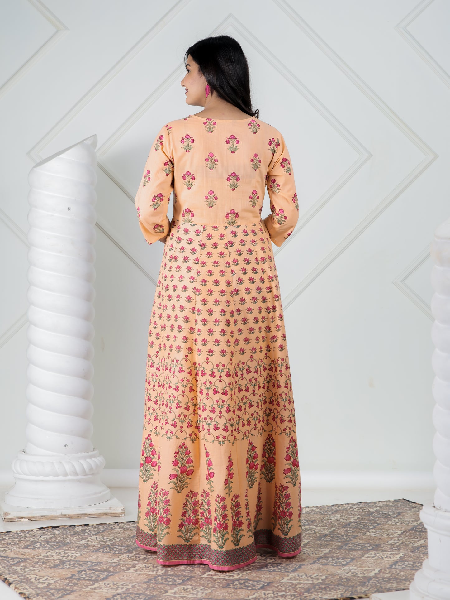Embroidered Soft Cotton Floral A-line Peach Kurta