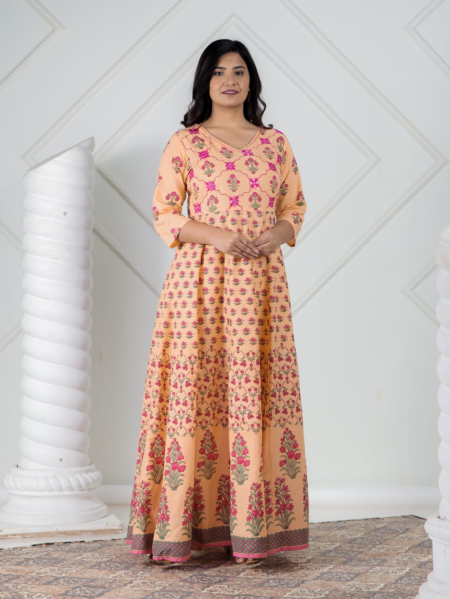 Embroidered Soft Cotton Floral A-line Peach Kurta
