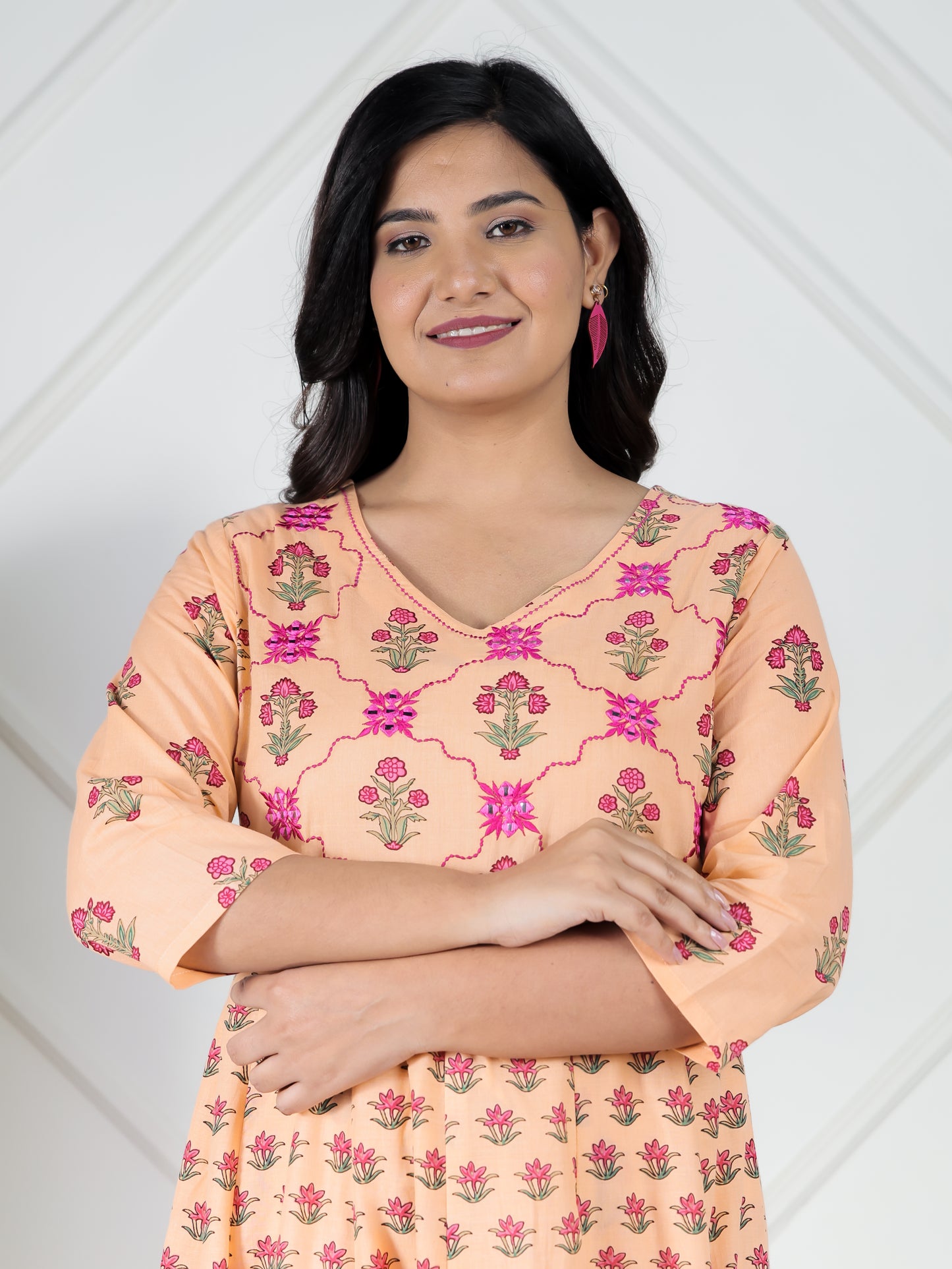 Embroidered Soft Cotton Floral A-line Peach Kurta
