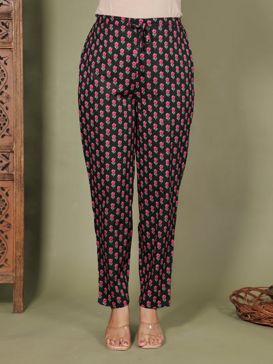 Soft Cotton Floral Black Tapered Trousers