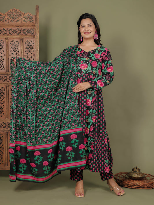 Cotton Voile Floral Black Dupatta