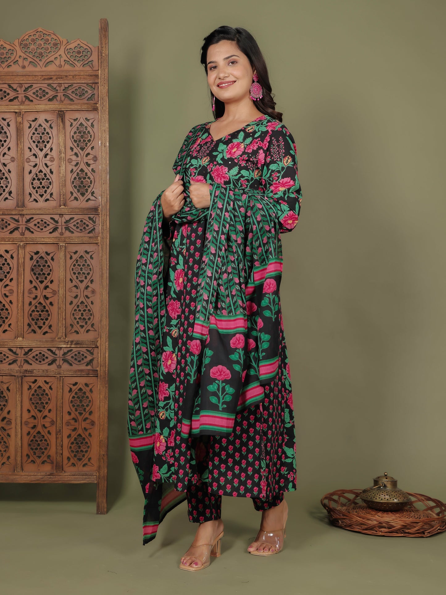 Cotton Voile Floral Black Dupatta