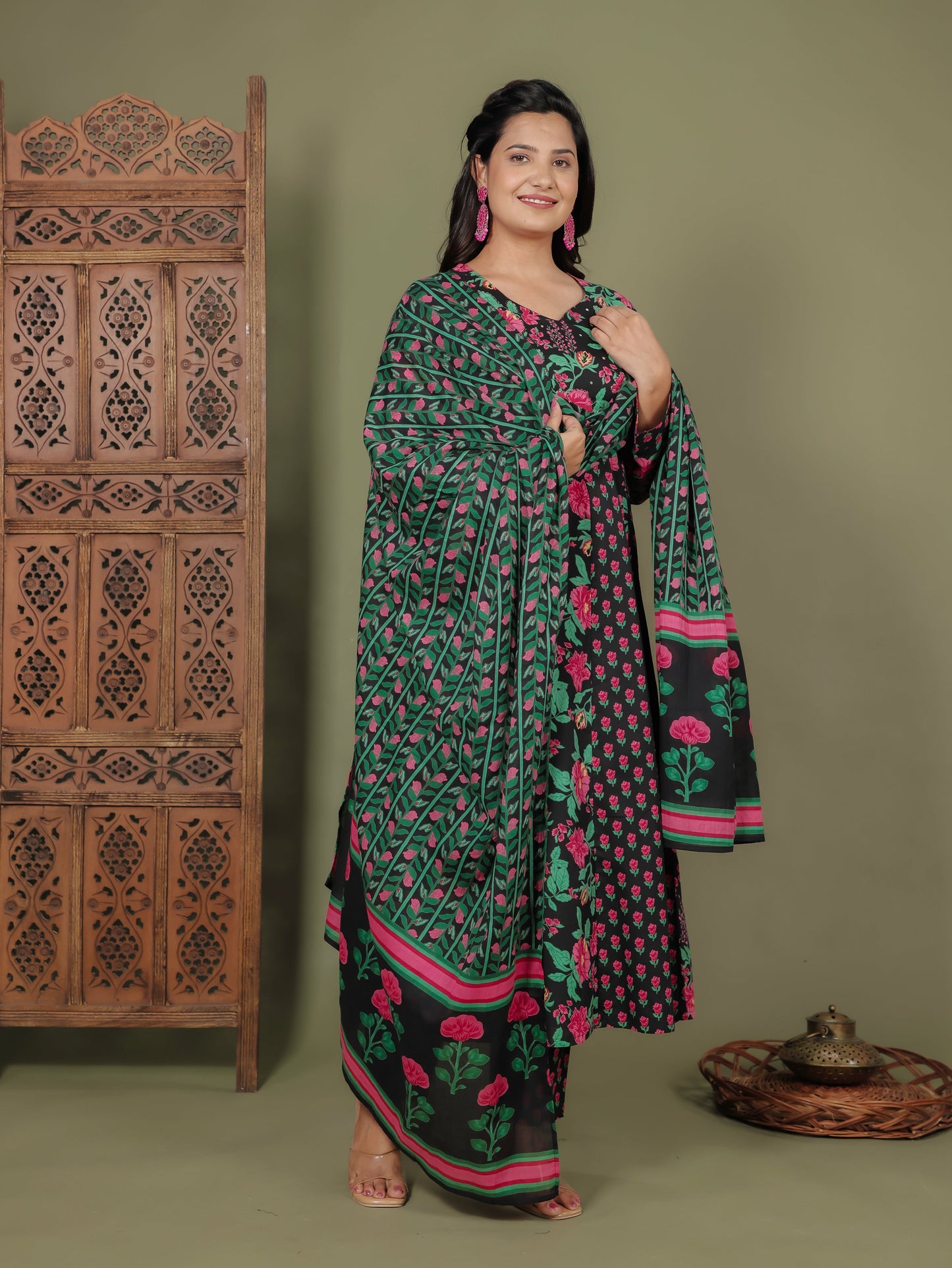 Cotton Voile Floral Black Dupatta